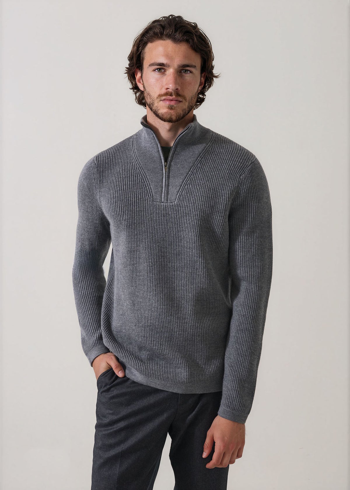 Extra-Fine Merino Wool Ribbed Quarter Zip Mock - PATRICK ASSARAF