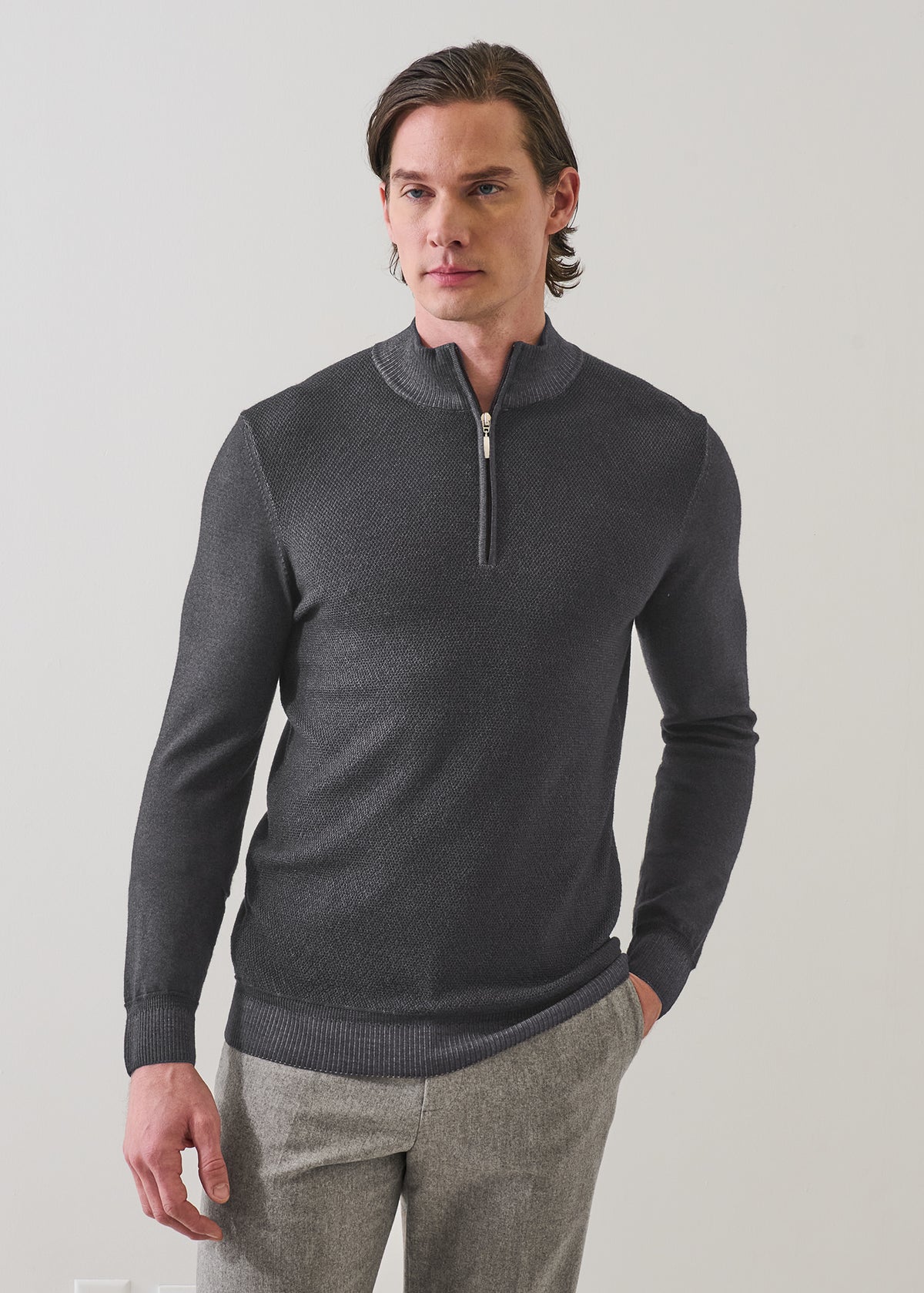 Vintage Wash Merino Pebble Stitch Quarter Zip - PATRICK ASSARAF