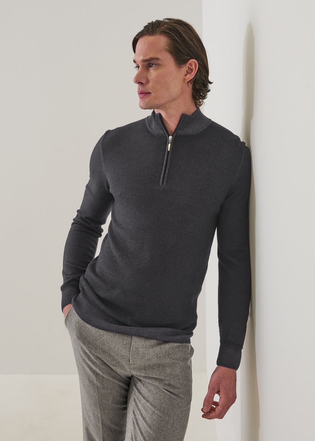 Vintage Wash Merino Pebble Stitch Quarter Zip - PATRICK ASSARAF