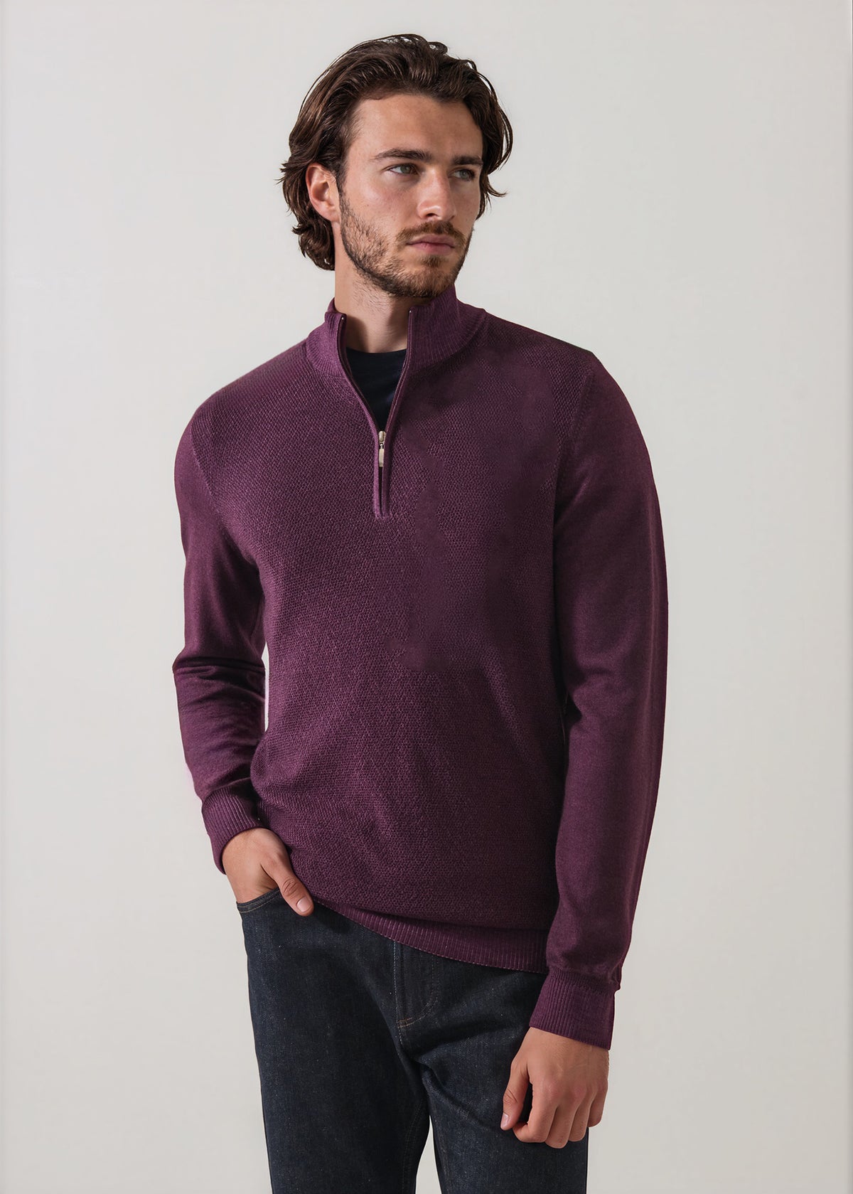Vintage Wash Merino Pebble Stitch Quarter Zip - PATRICK ASSARAF