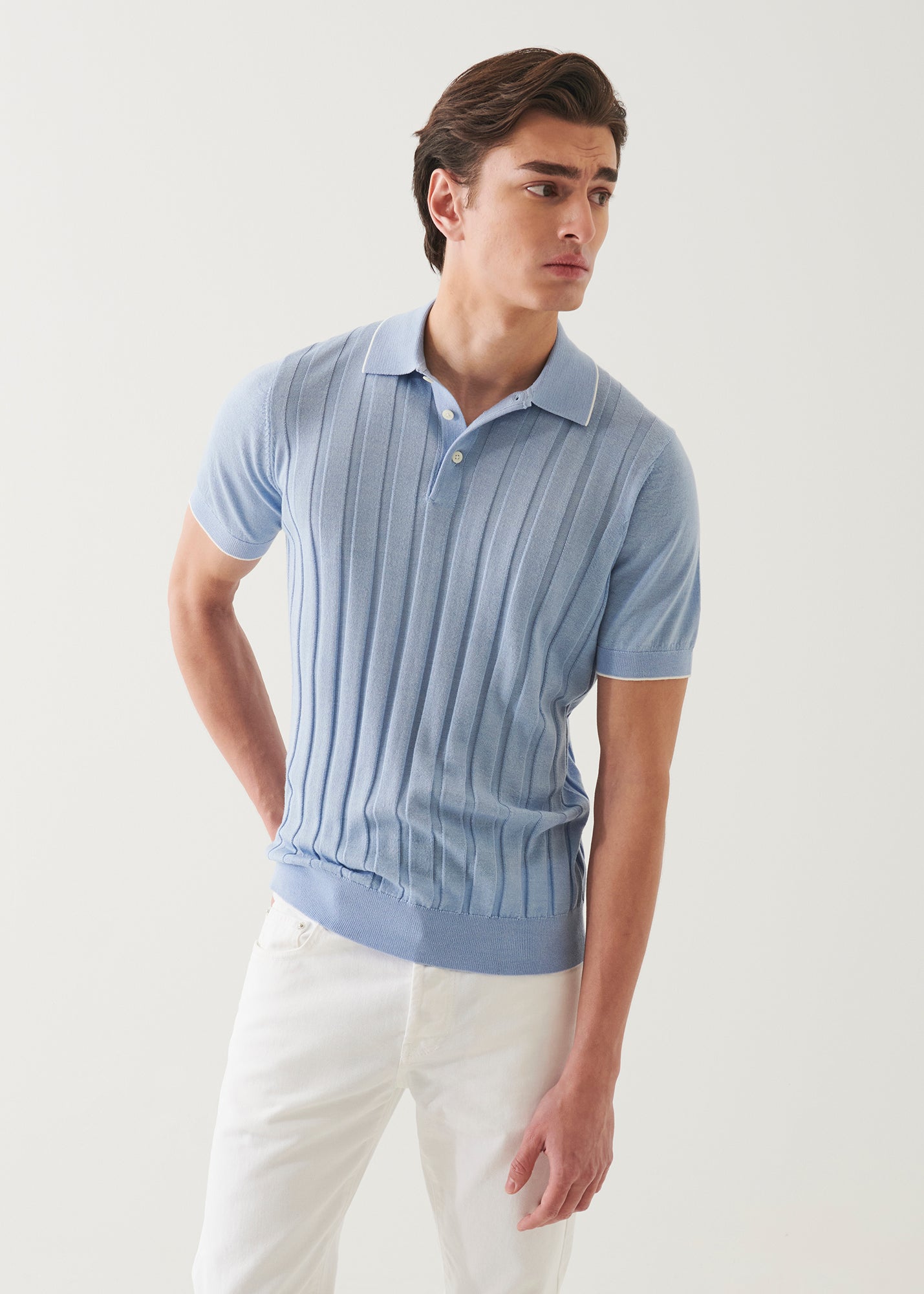 Merino Wool-Silk Blend Drop Needle Polo