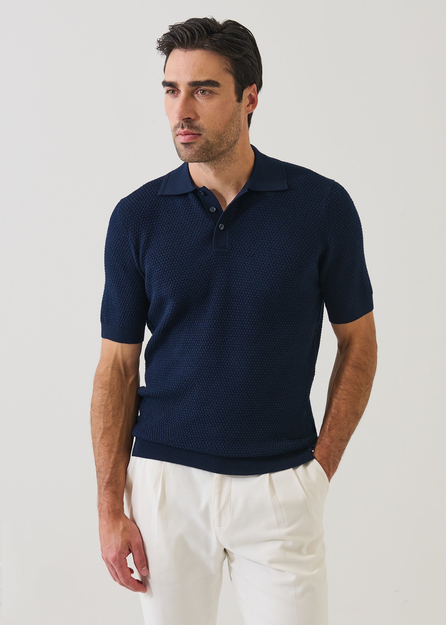 Merino Wool-Silk Bubble Stitch Polo