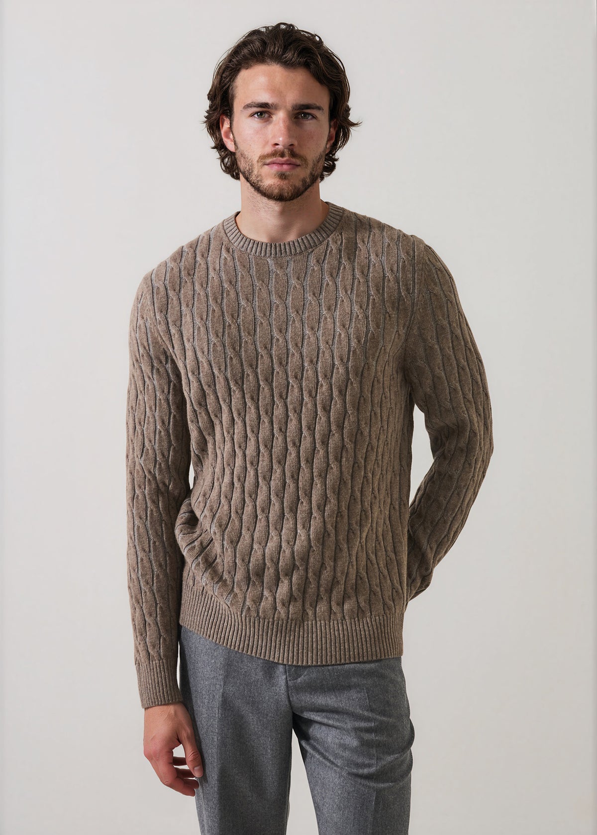 Plaited Wool Blend Cable Crew Neck