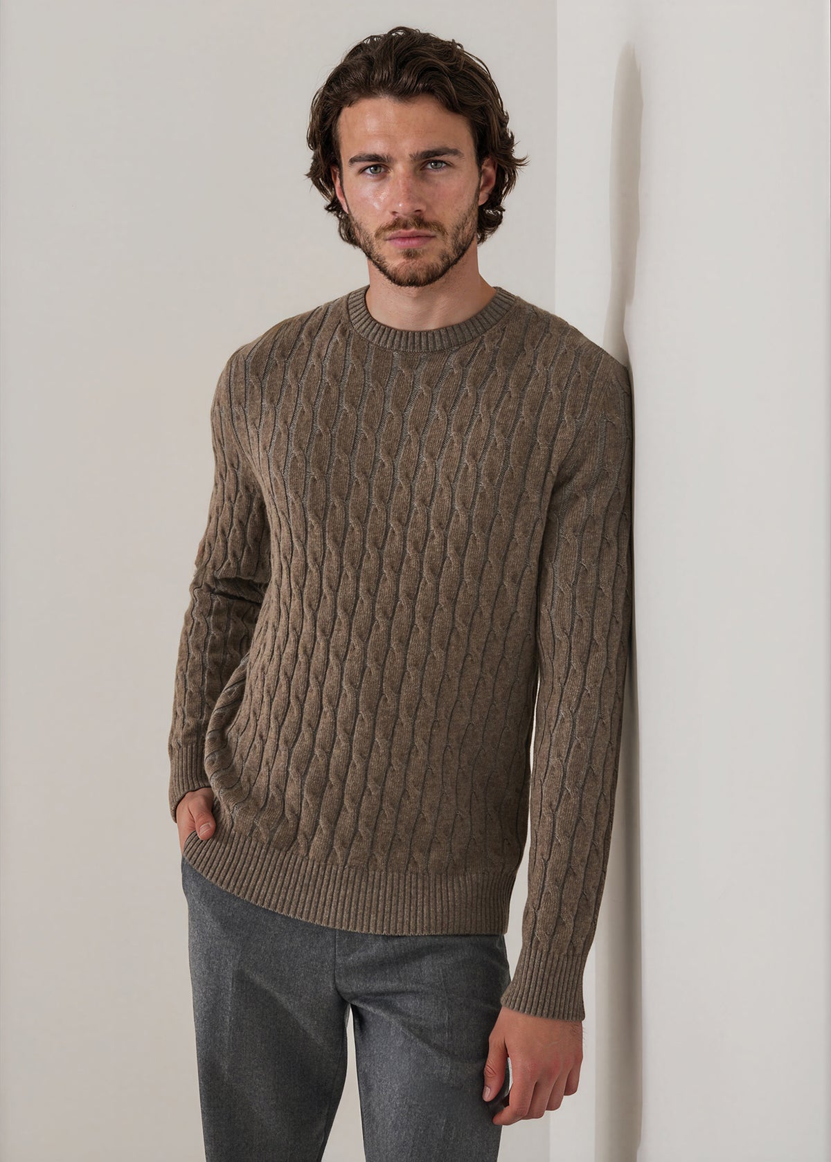 Plaited Wool Blend Cable Crew Neck