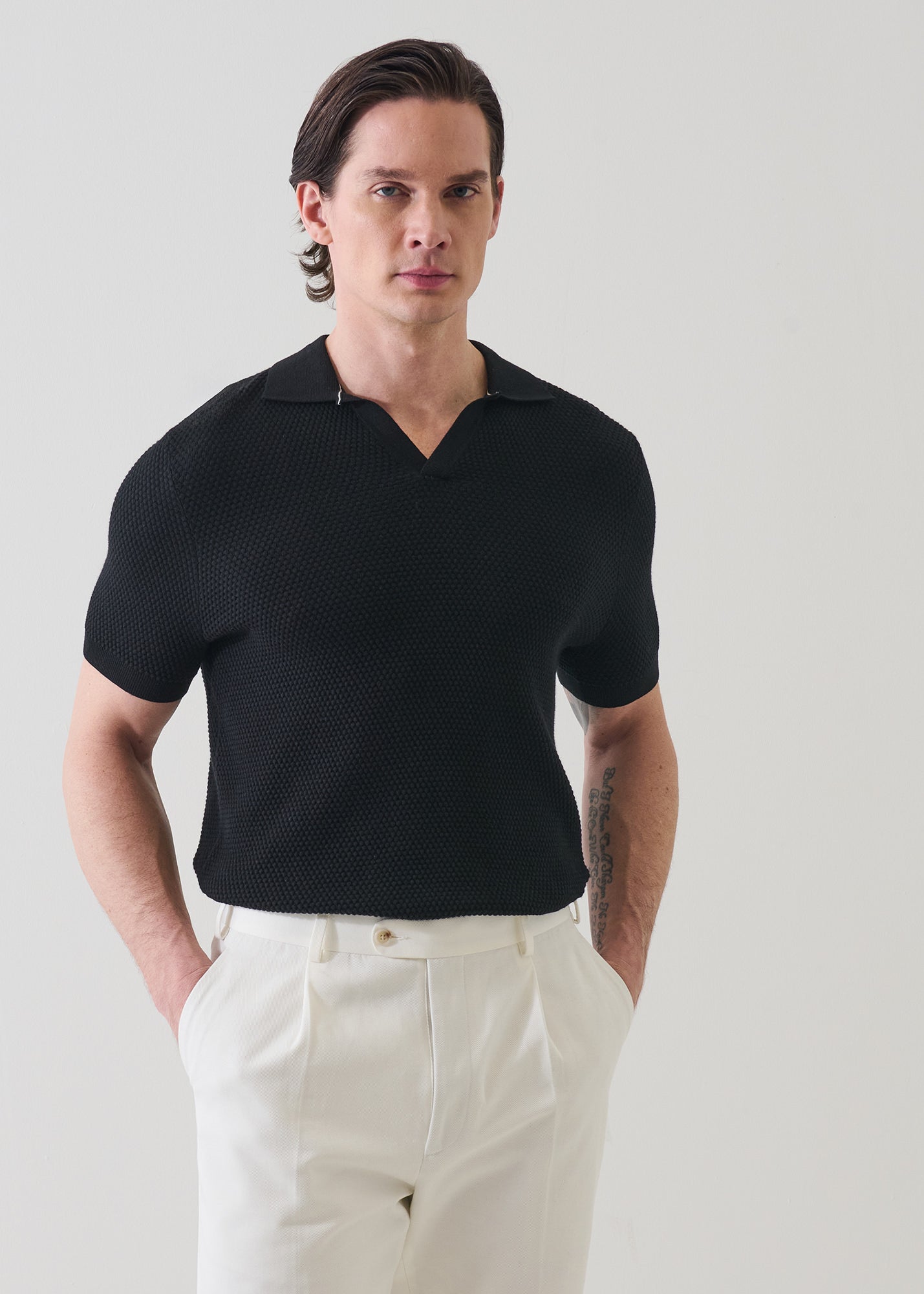 Cotton-Blend Bubble Stitch Knit Open Polo - PATRICK ASSARAF