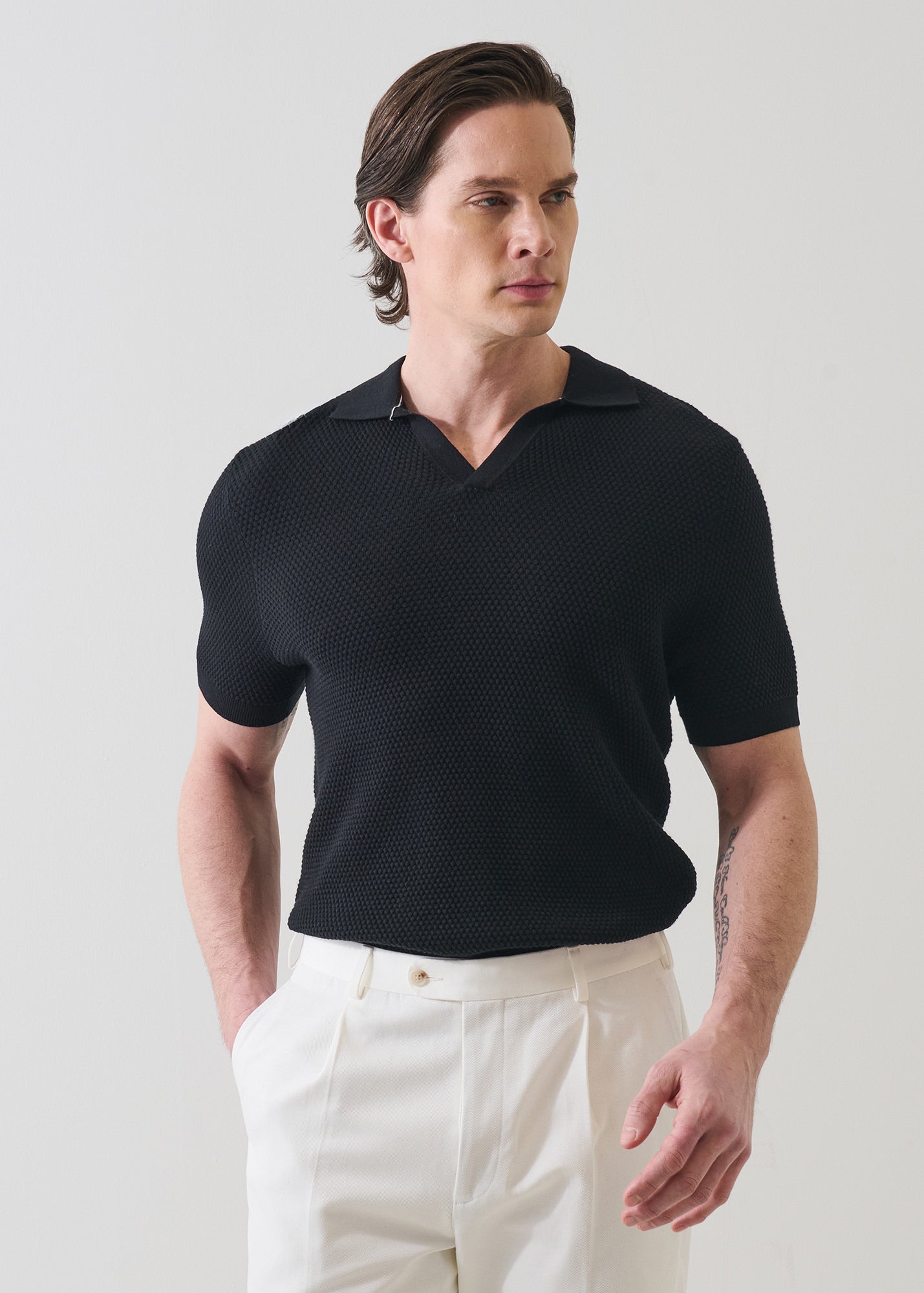 Cotton-Blend Bubble Stitch Knit Open Polo - PATRICK ASSARAF