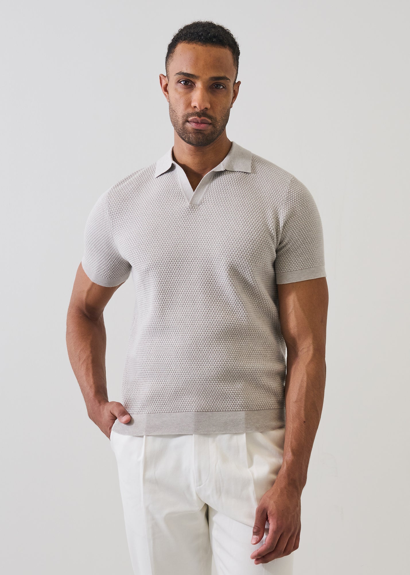 Cotton-Blend Bubble Stitch Knit Open Polo - PATRICK ASSARAF