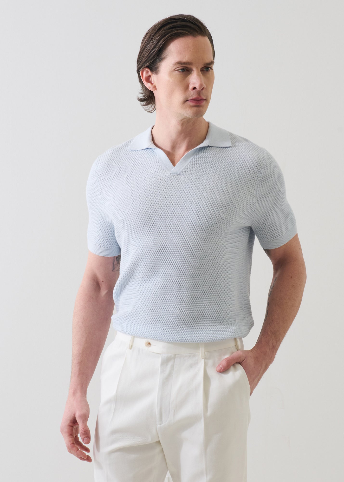 Cotton-Blend Bubble Stitch Knit Open Polo