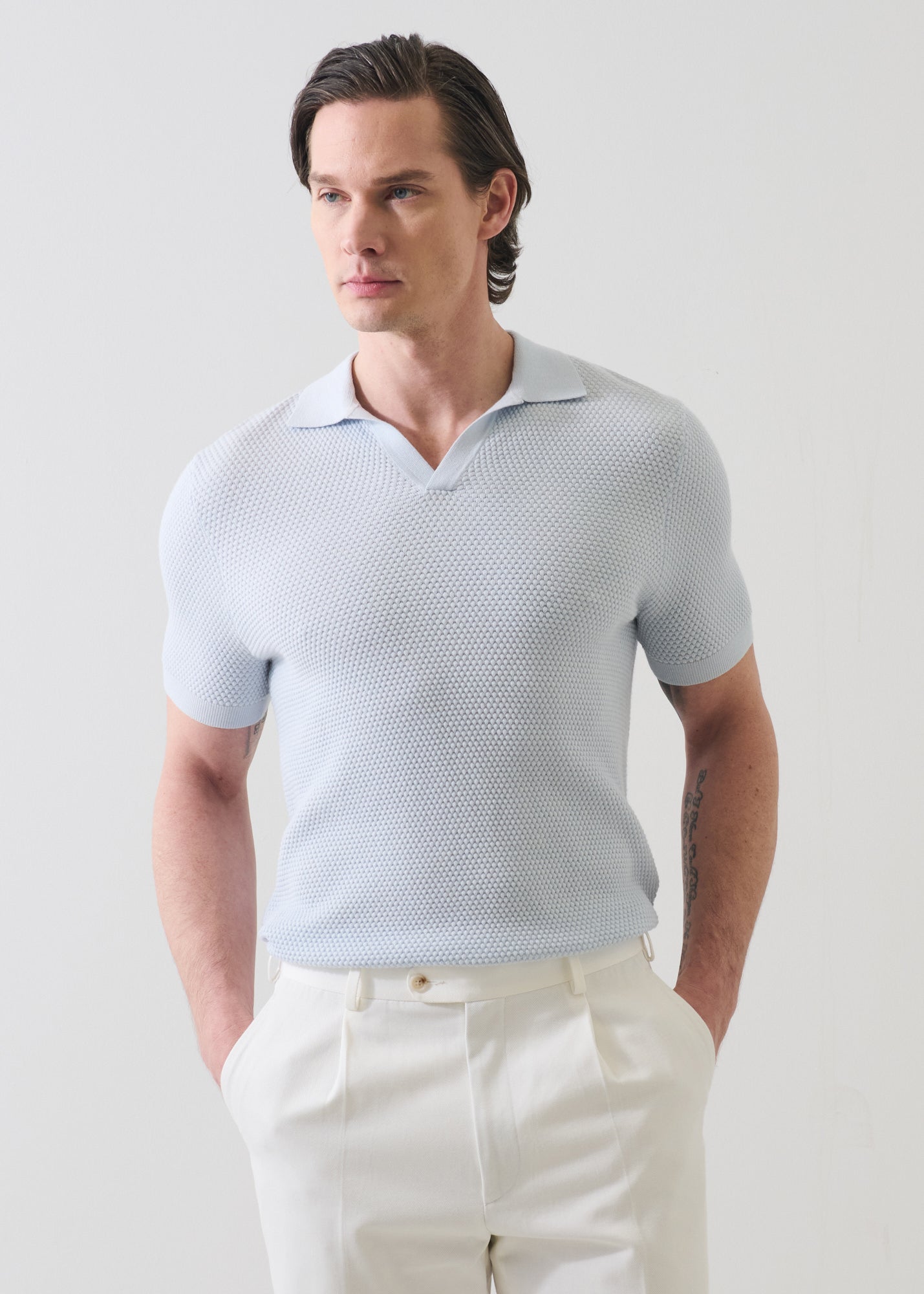 Cotton-Blend Bubble Stitch Knit Open Polo