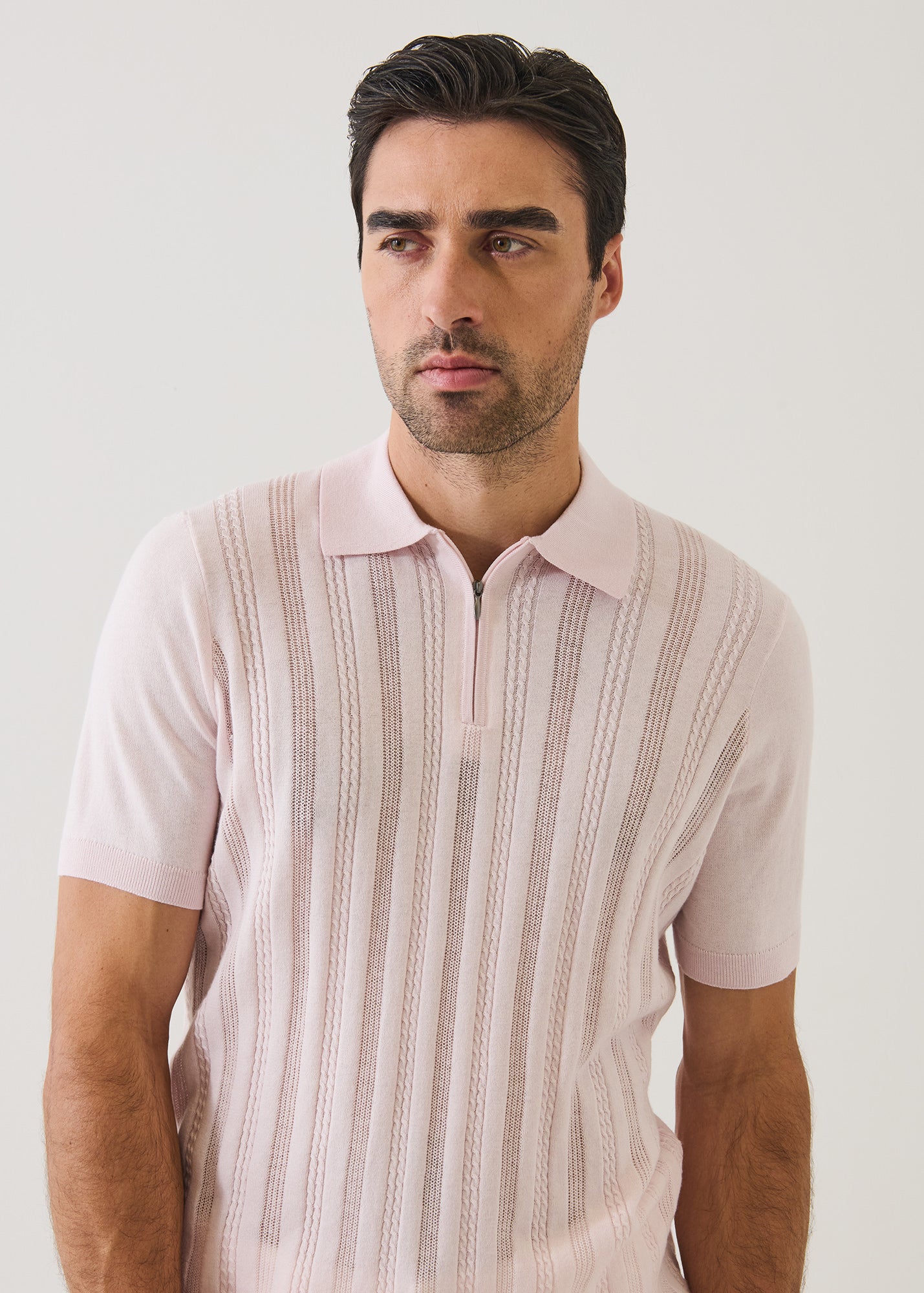 Cotton Blend Pointelle Stripe Zip Polo