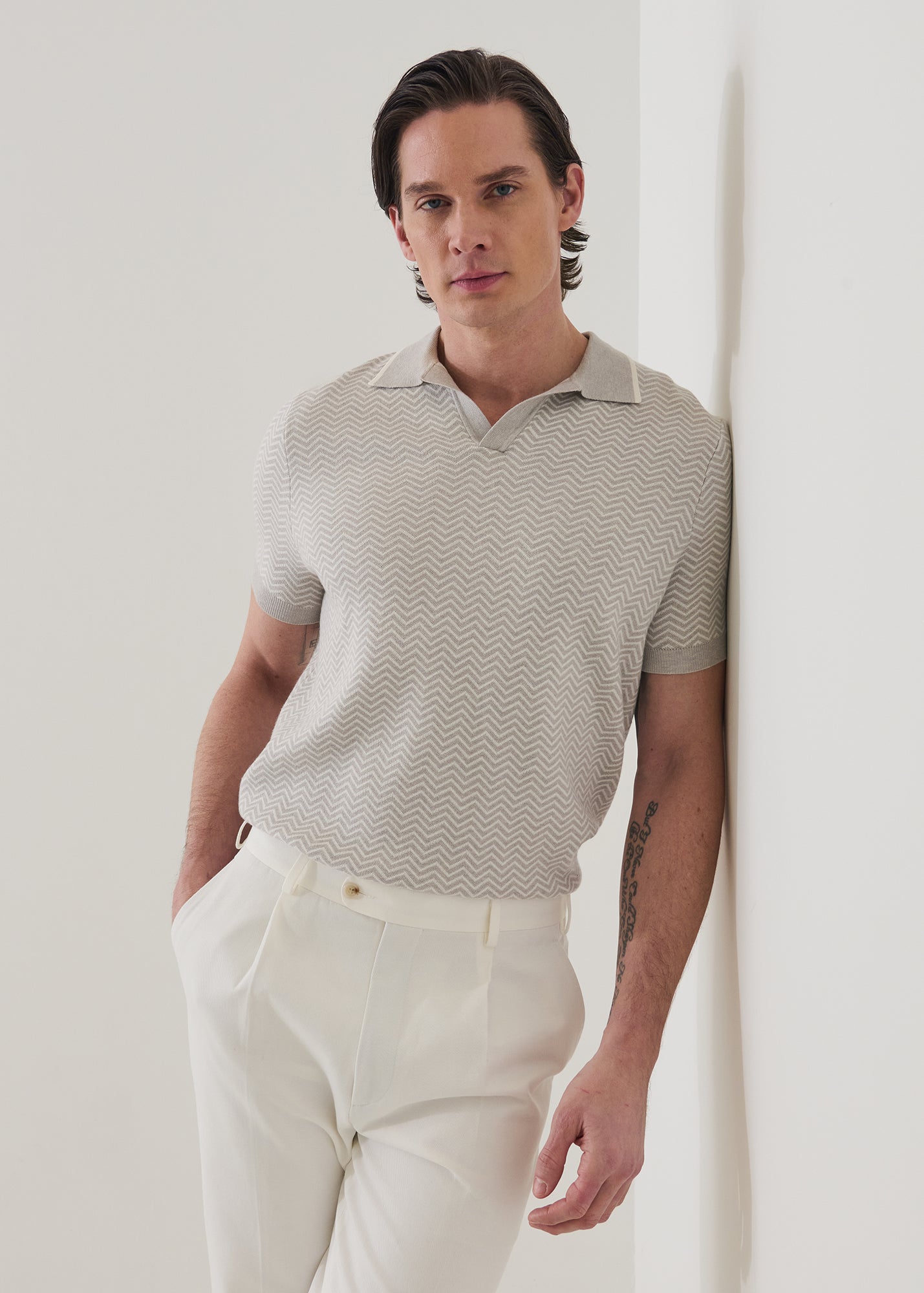 Cotton-Blend Herringbone Knit Open Polo - PATRICK ASSARAF