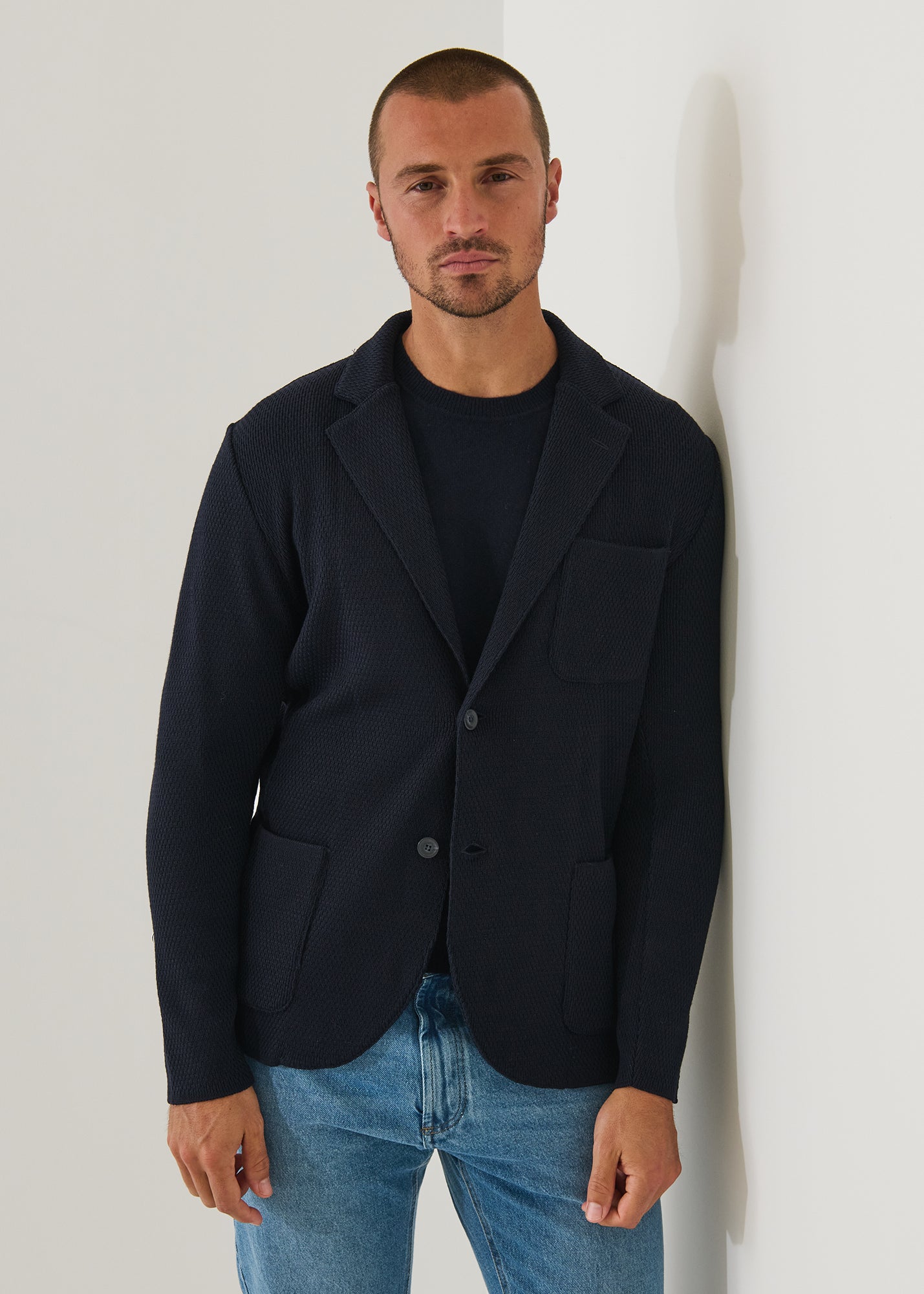Merino Honeycomb Stitch Two Button Blazer