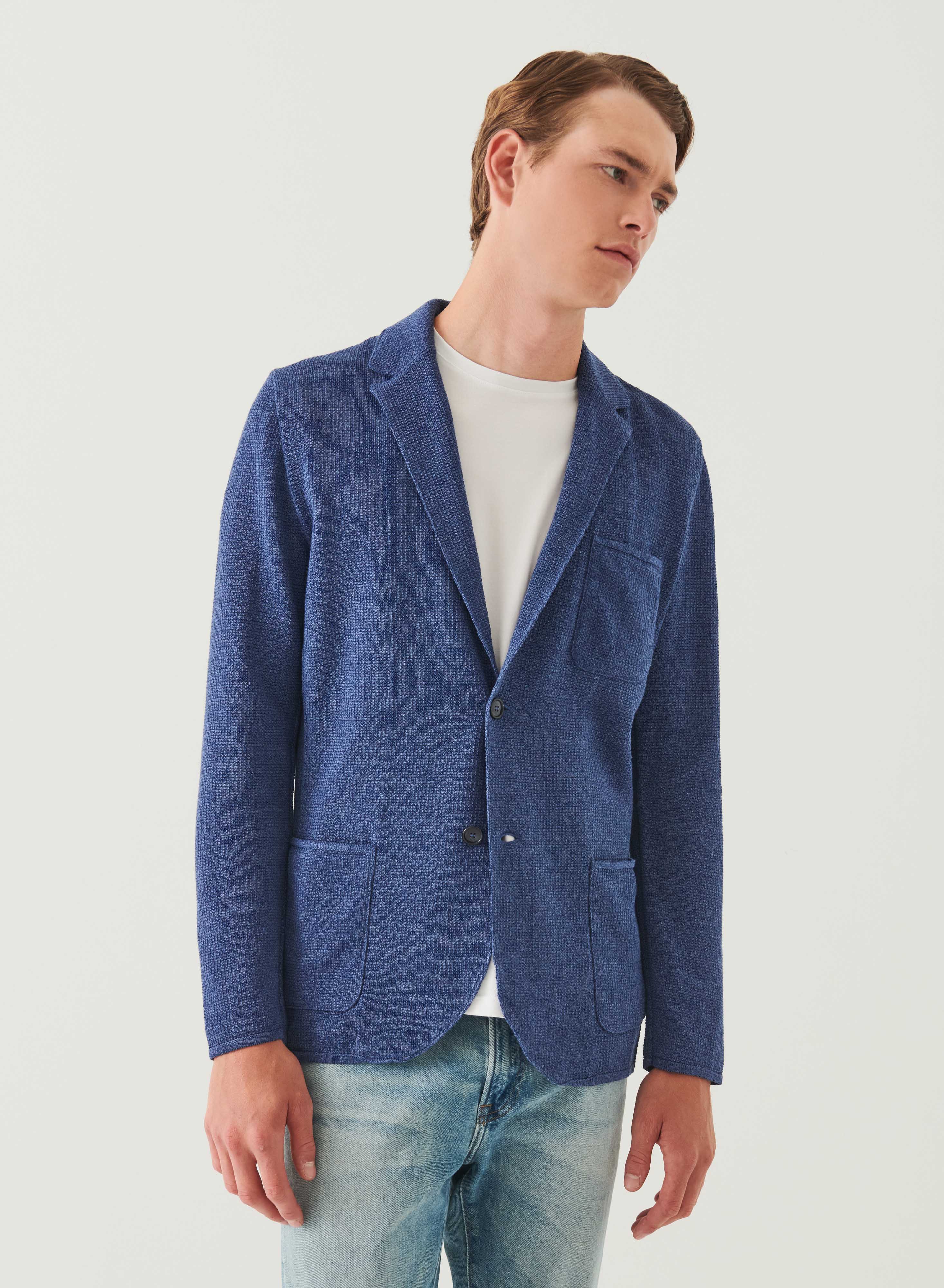 Linen-Cotton Blend Textured Stitch Knit Blazer