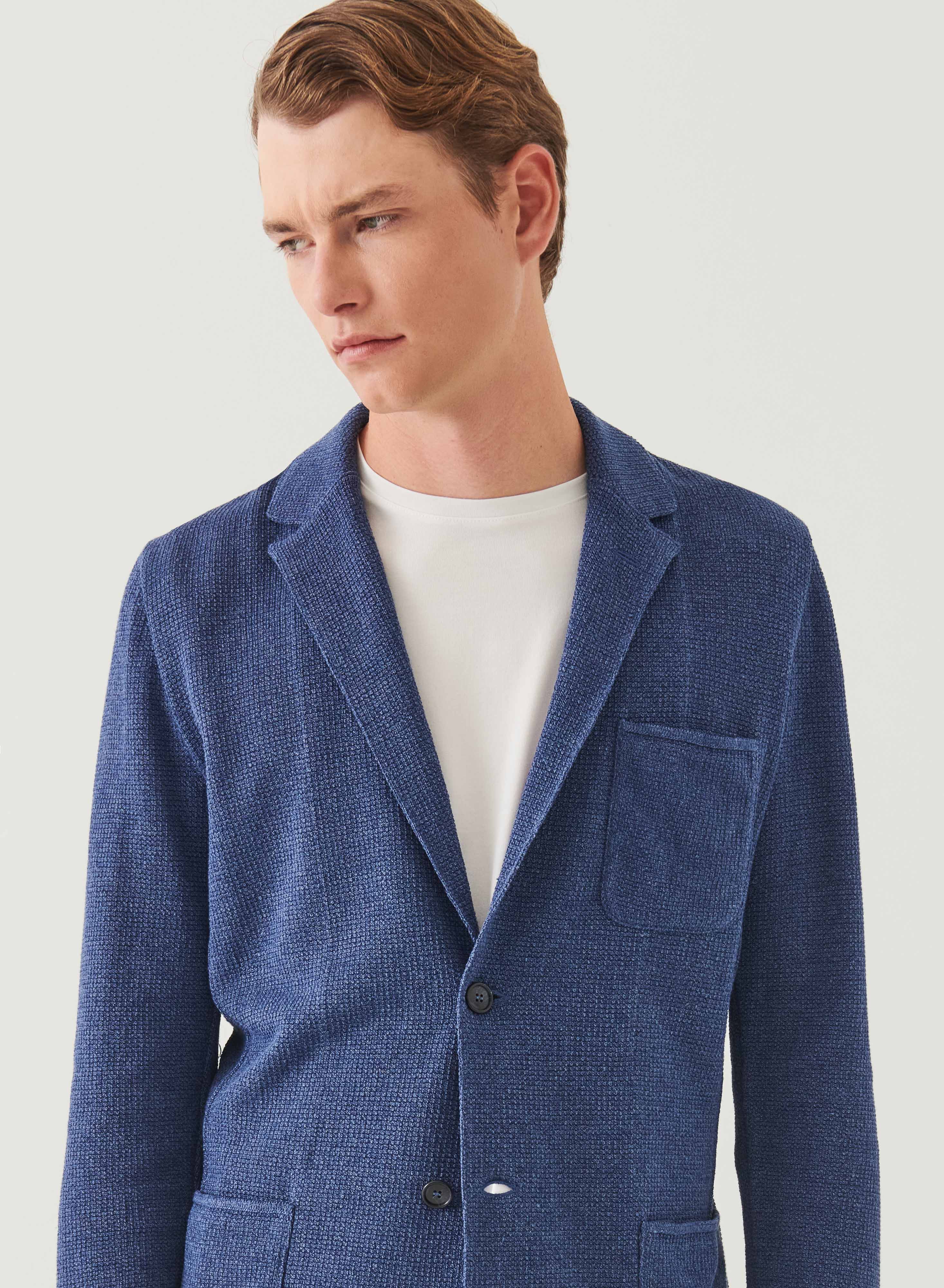 Linen-Cotton Blend Textured Stitch Knit Blazer