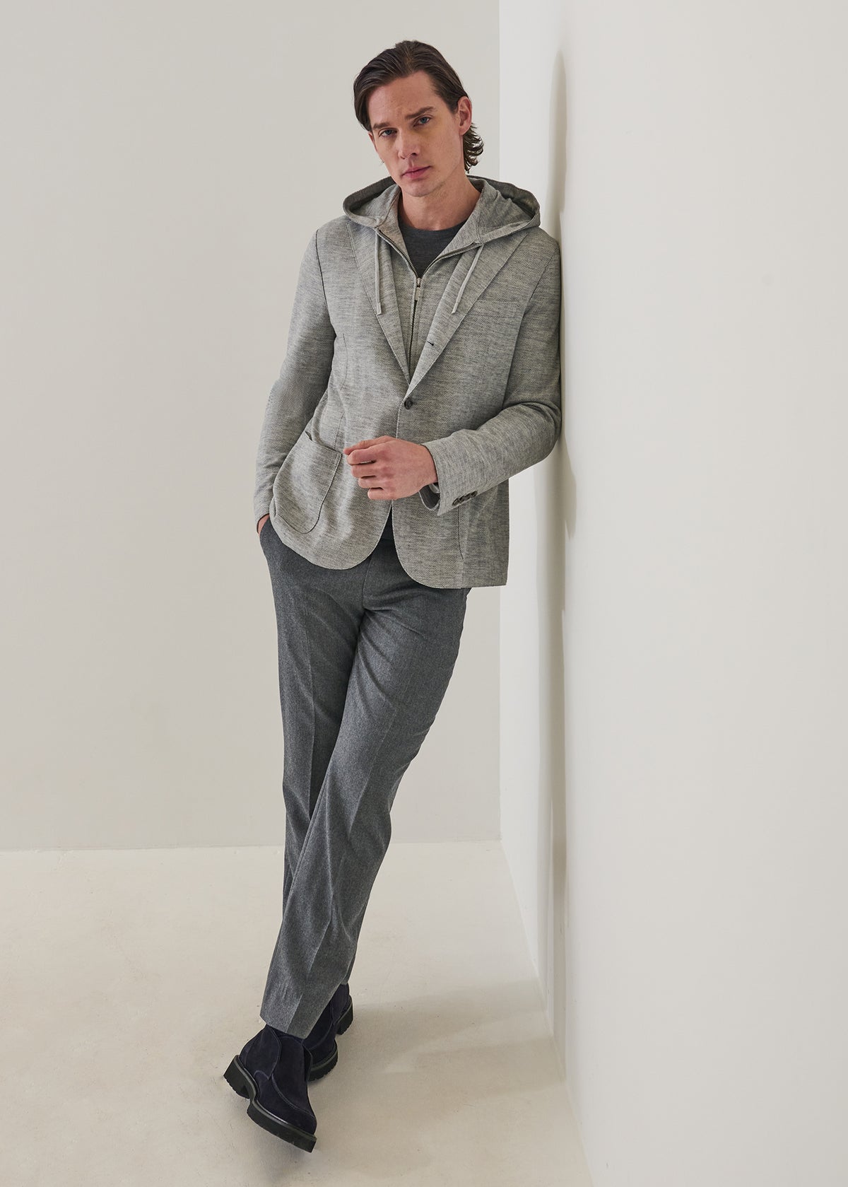 Herringbone Wool Knit Removable Hood Blazer - PATRICK ASSARAF