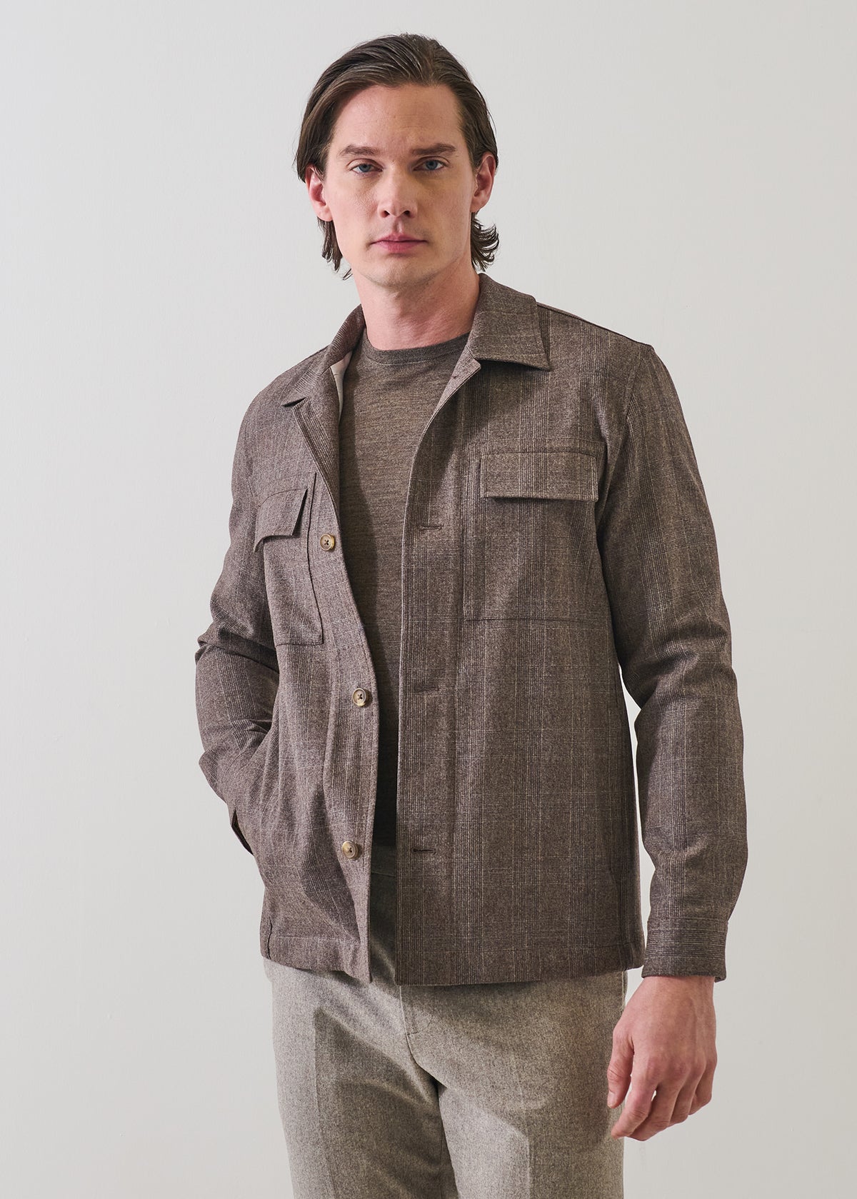 Prince of Wales Check Wool Stretch Utility Overshirt - PATRICK ASSARAF