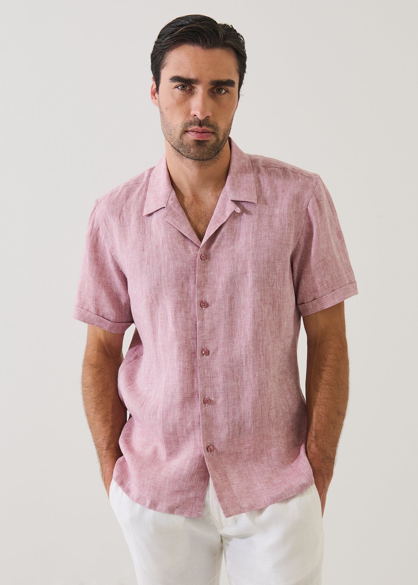 Geometric Jacquard Linen Camp Collar Shirt