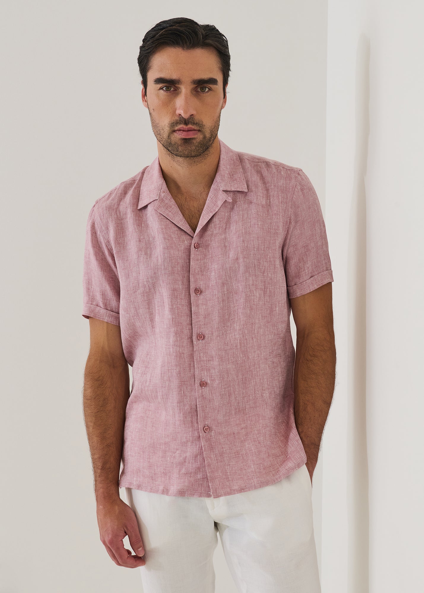 Geometric Jacquard Linen Camp Collar Shirt