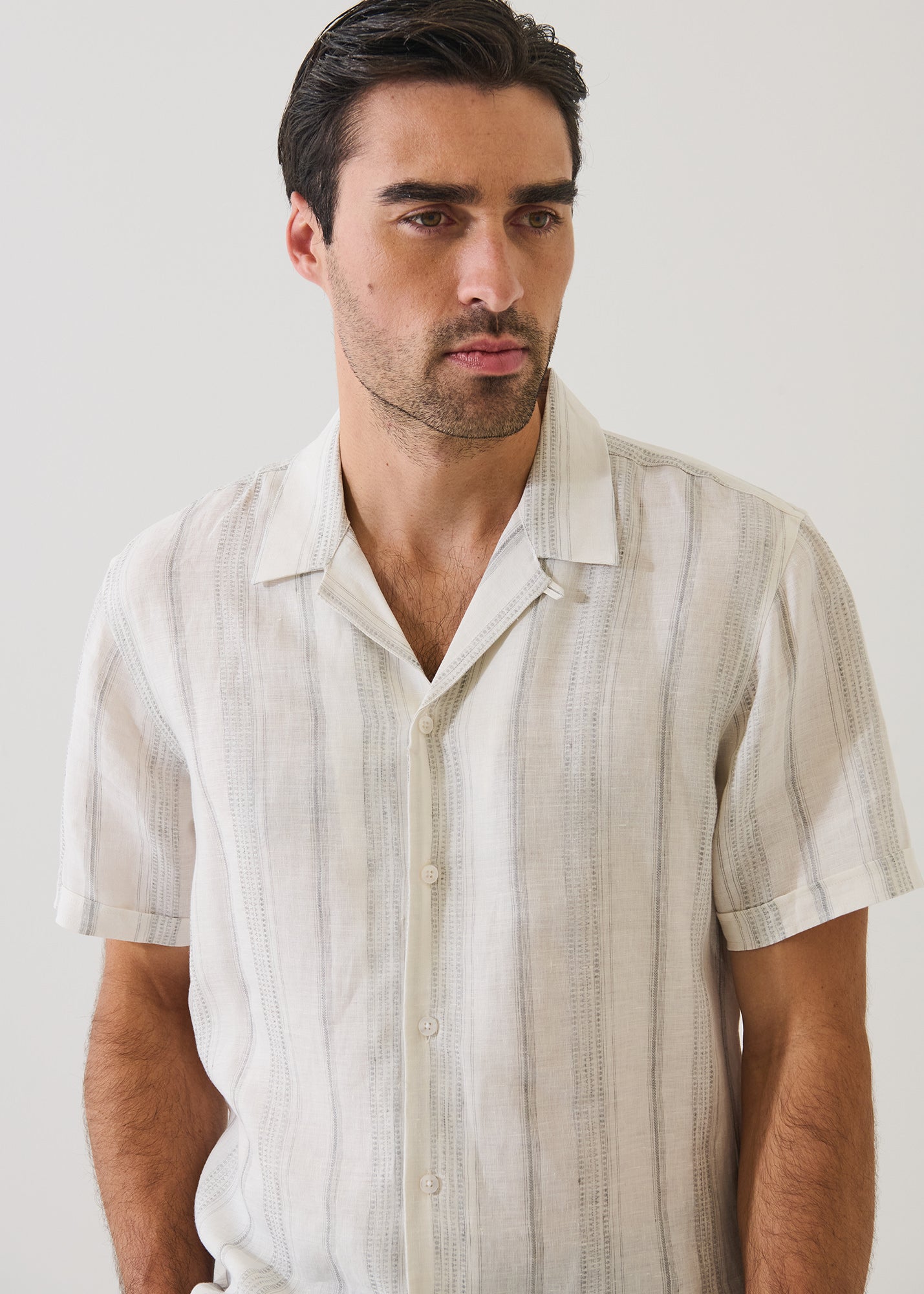 Dobby Stripe Linen Camp Collar Shirt