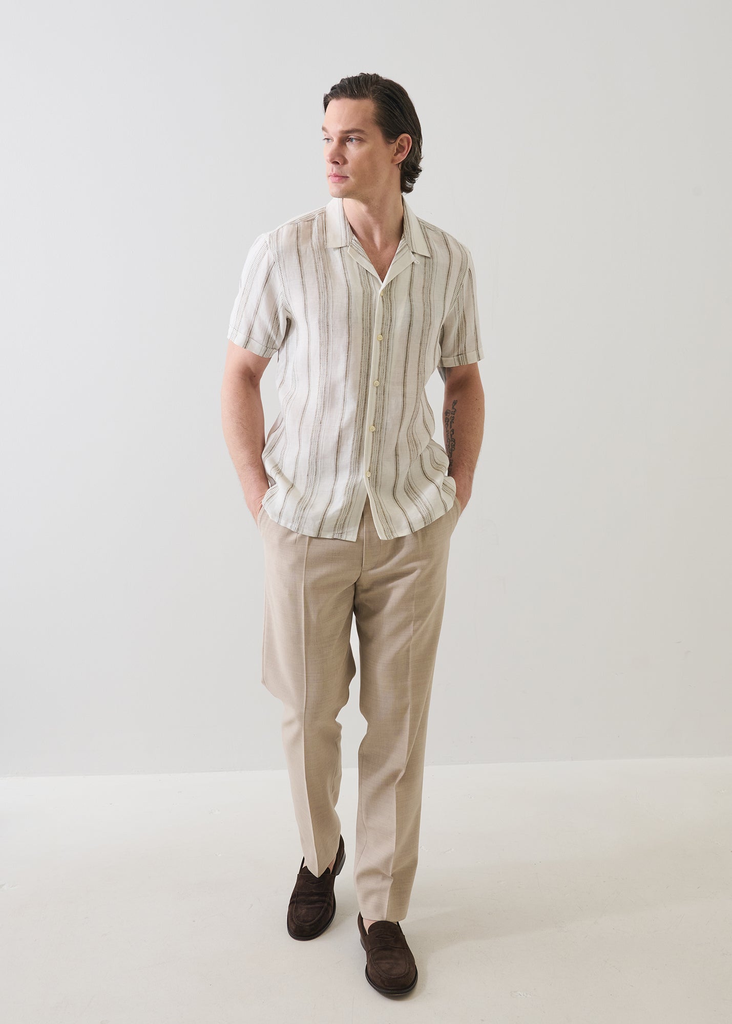 Dobby Stripe Linen Camp Collar Shirt - PATRICK ASSARAF