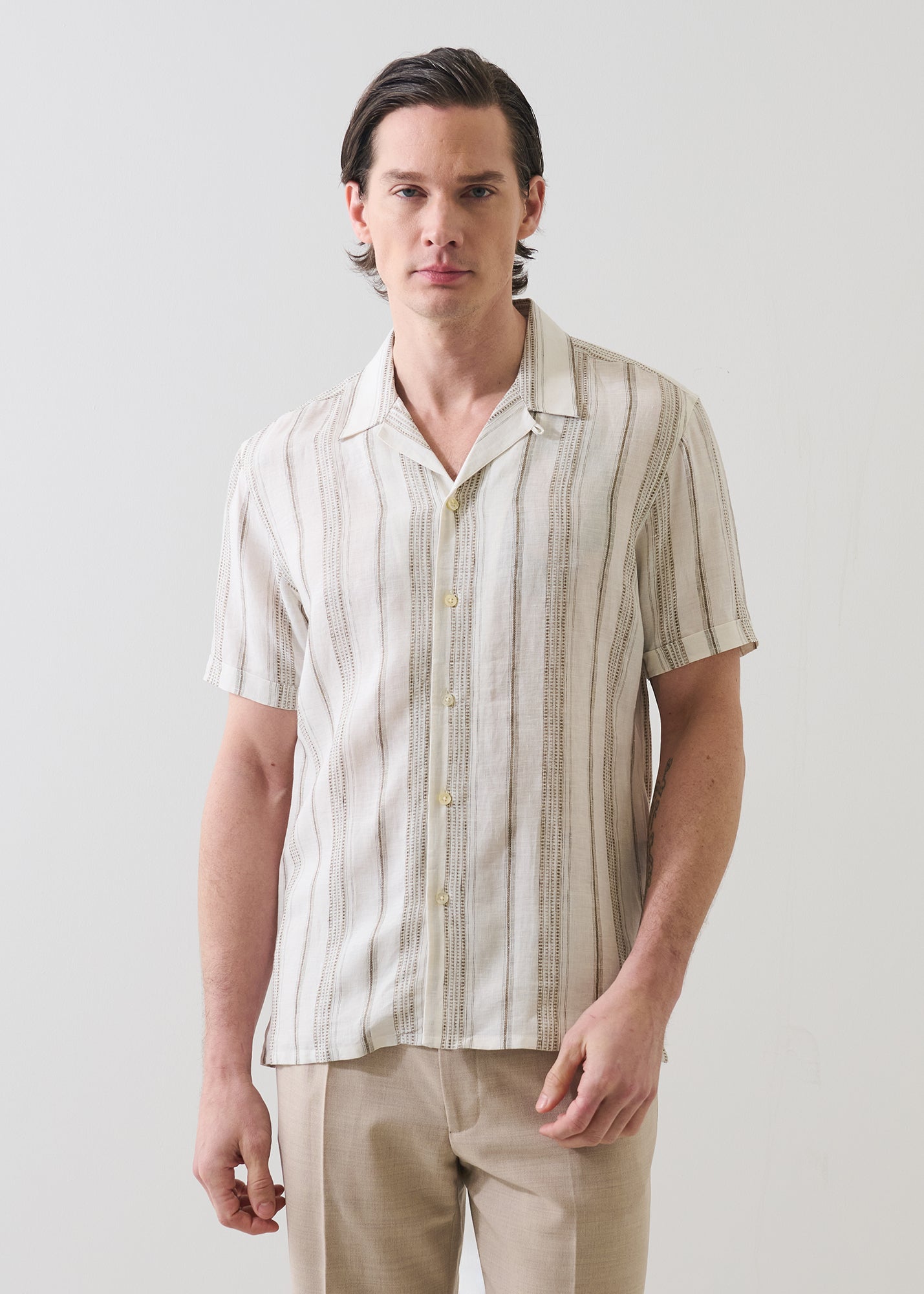 Dobby Stripe Linen Camp Collar Shirt - PATRICK ASSARAF