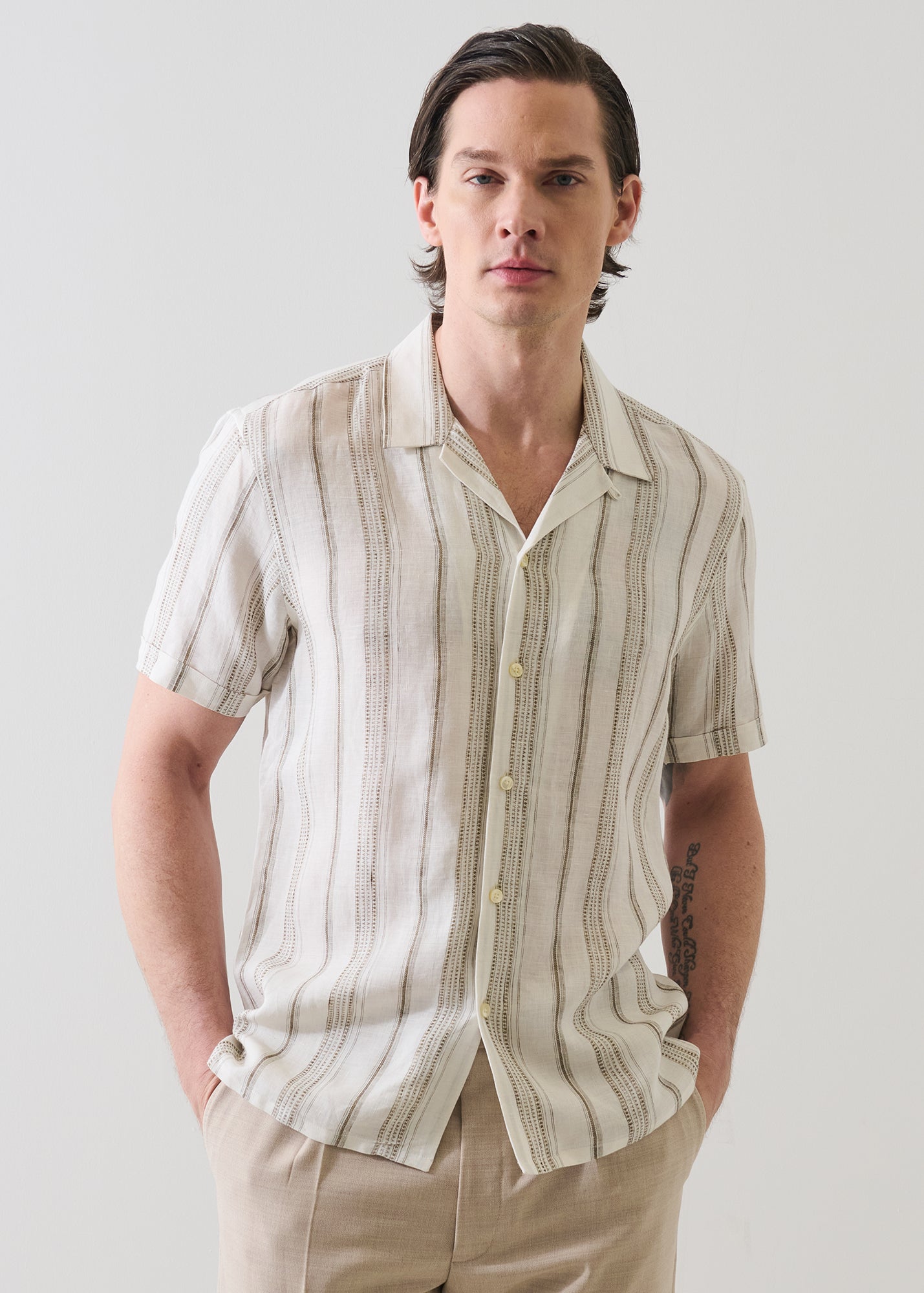 Dobby Stripe Linen Camp Collar Shirt - PATRICK ASSARAF