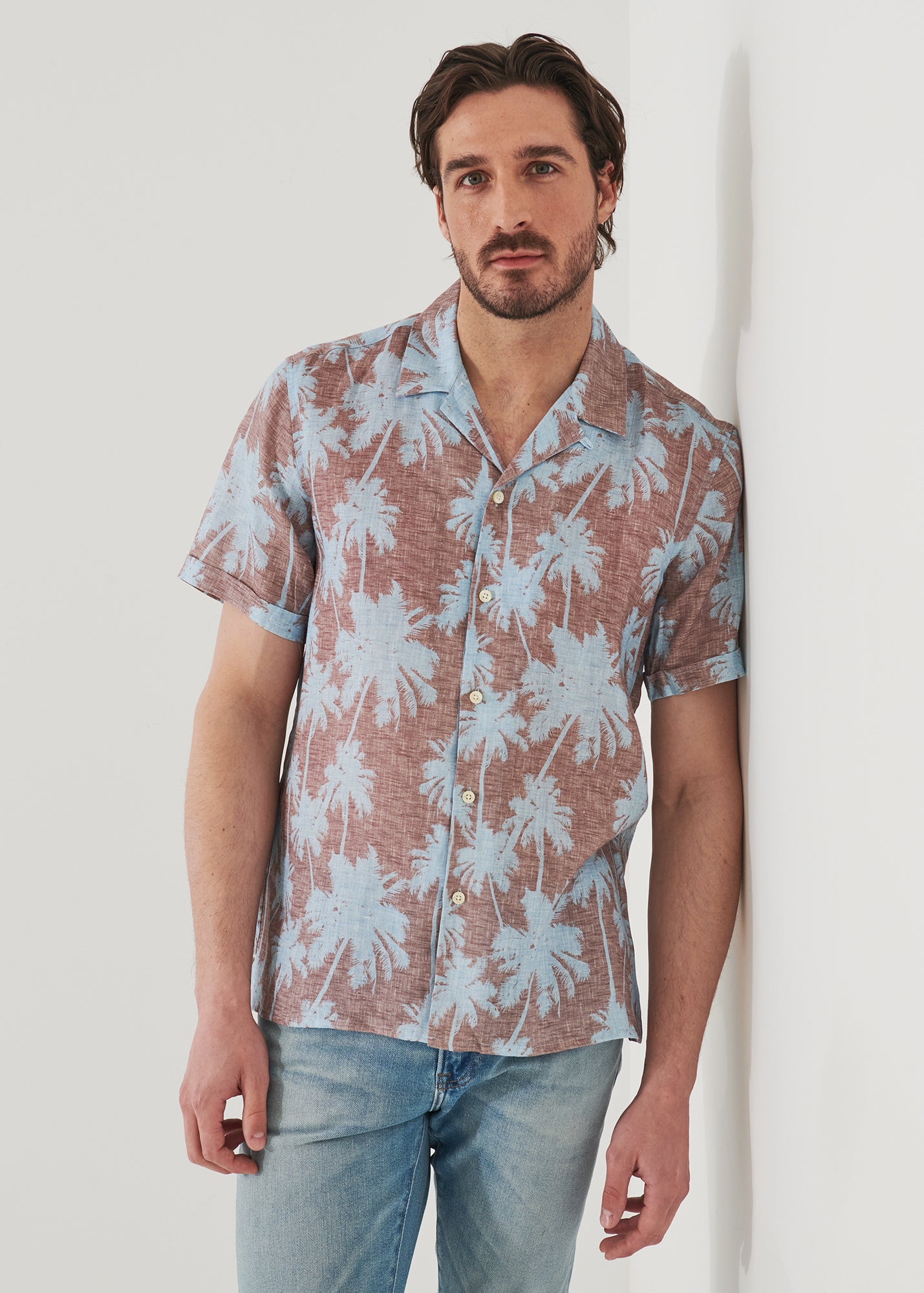 Tropical Print Camp Collar Linen Shirt