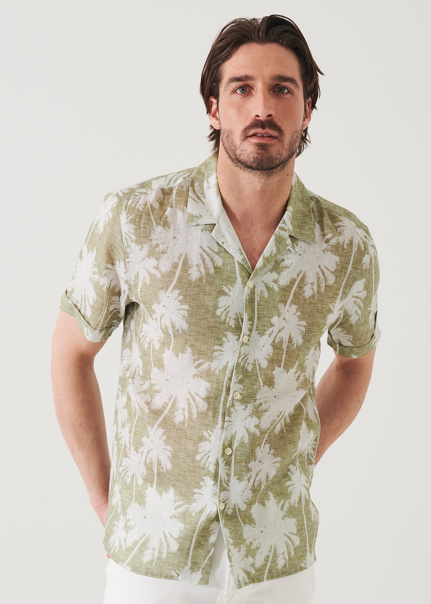 Tropical Print Camp Collar Linen Shirt
