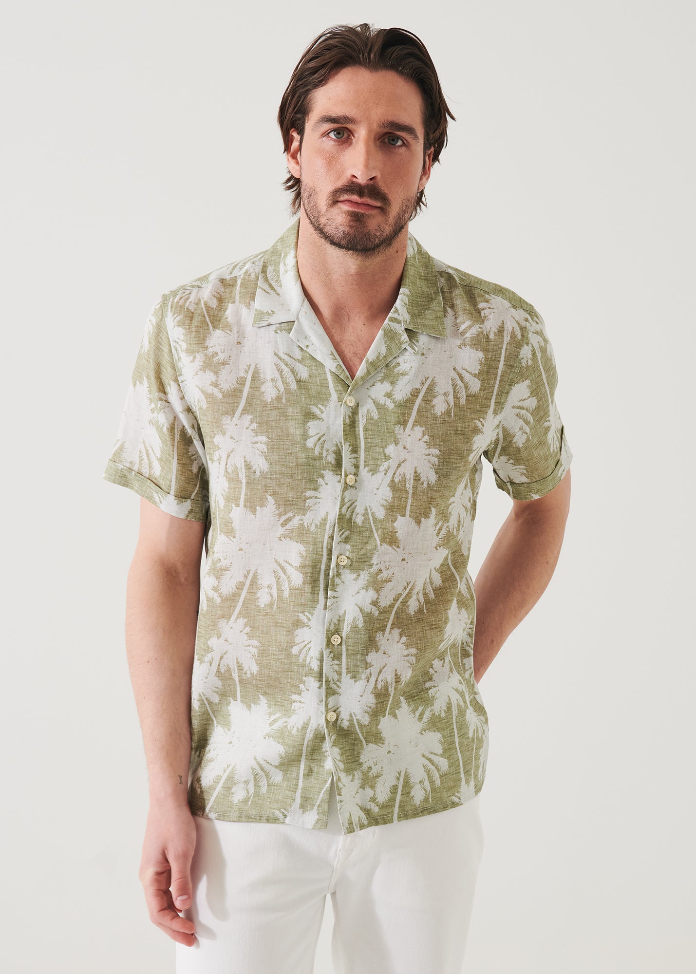Tropical Print Camp Collar Linen Shirt