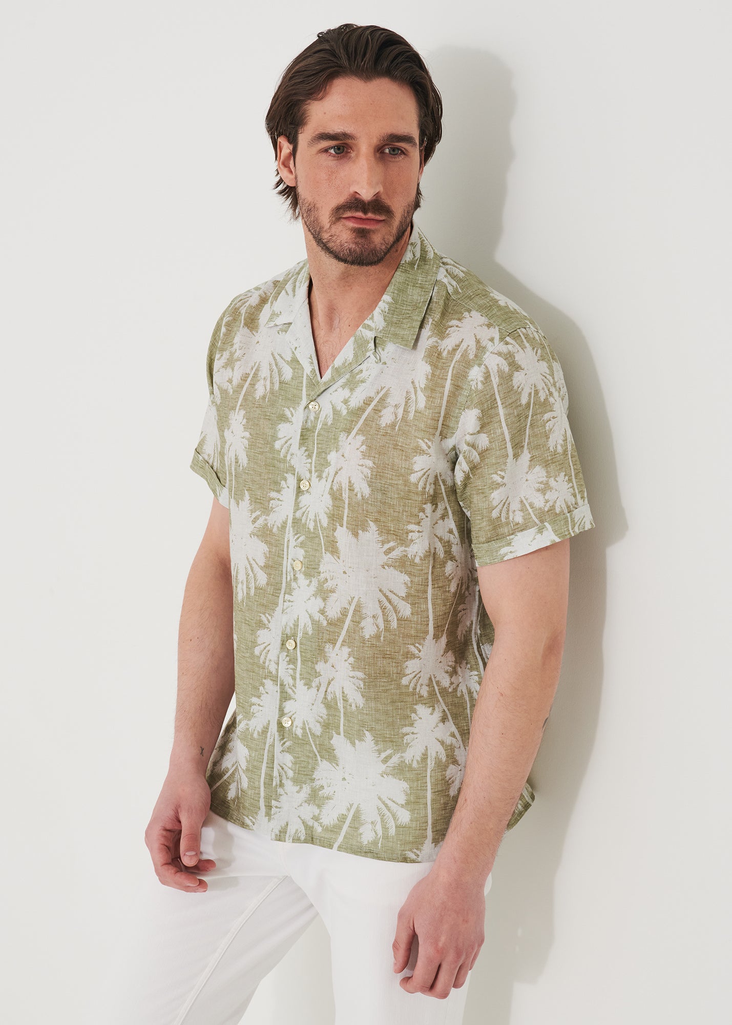 Tropical Print Camp Collar Linen Shirt