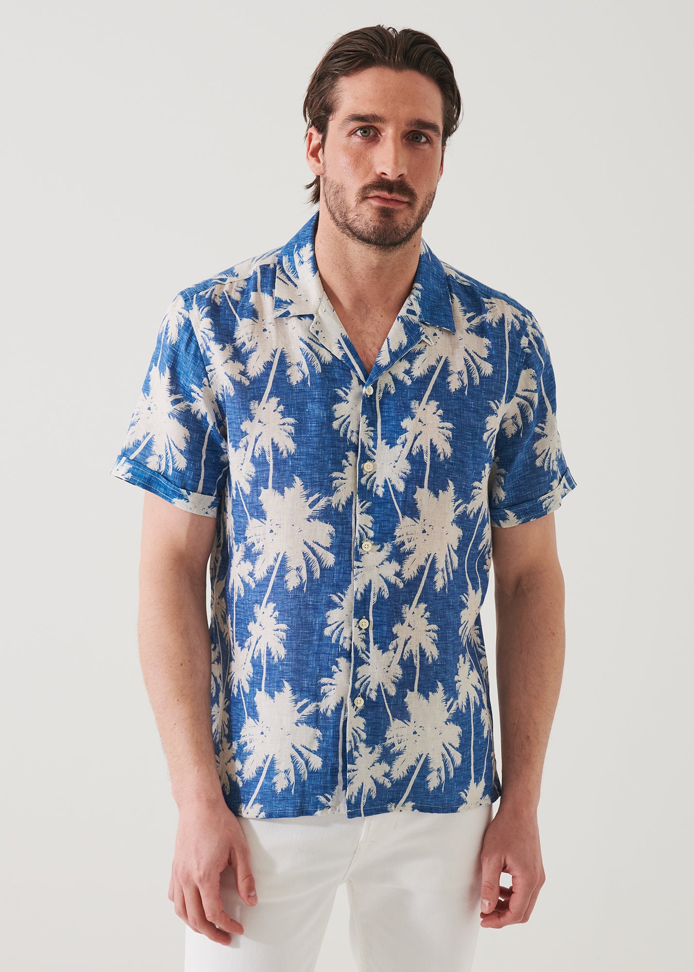 Tropical Print Camp Collar Linen Shirt