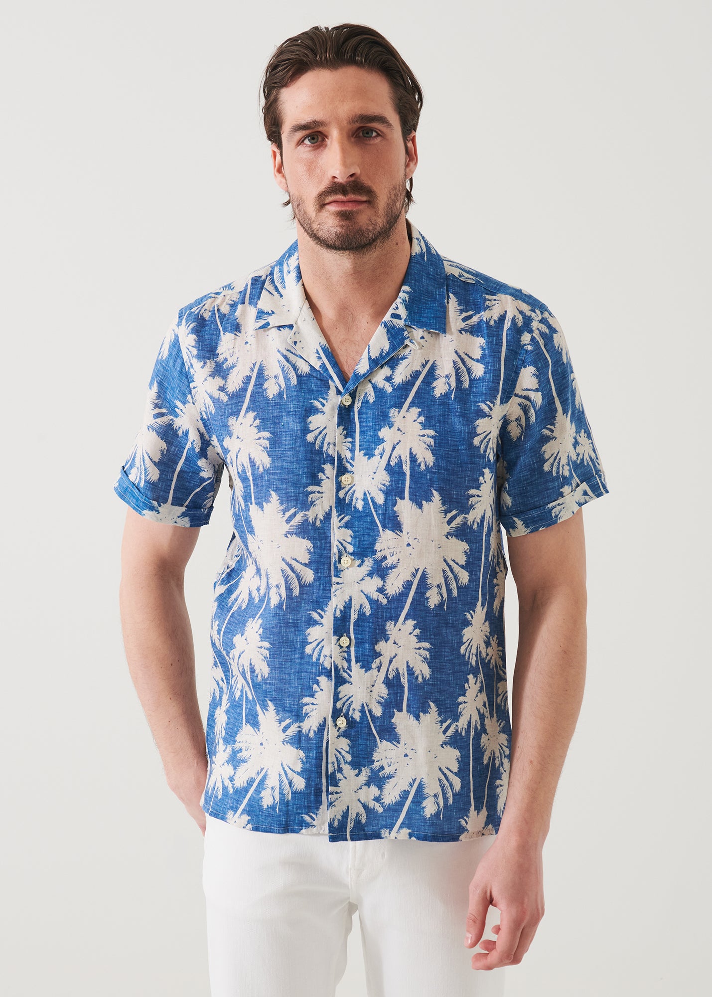 Tropical Print Camp Collar Linen Shirt