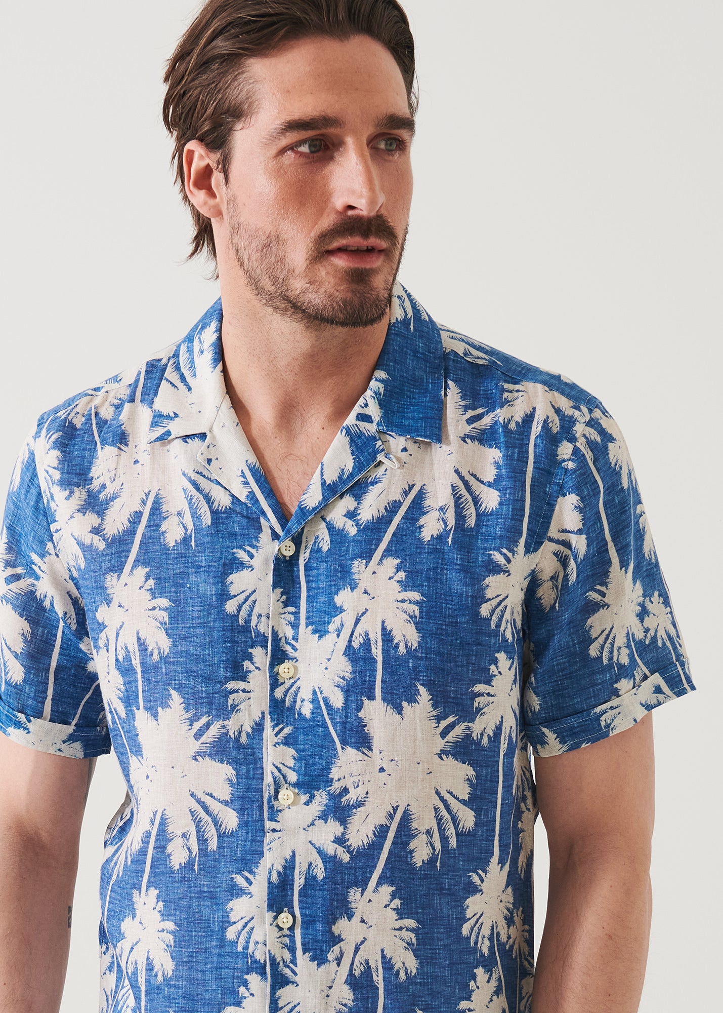 Tropical Print Camp Collar Linen Shirt
