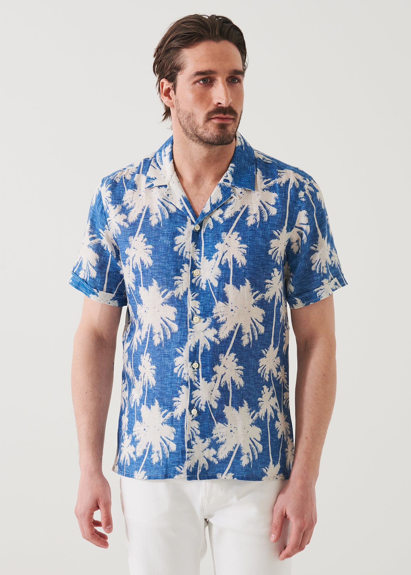 Tropical Print Camp Collar Linen Shirt