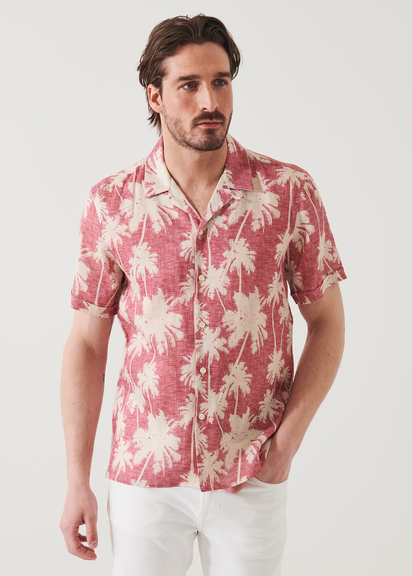 Tropical Print Camp Collar Linen Shirt
