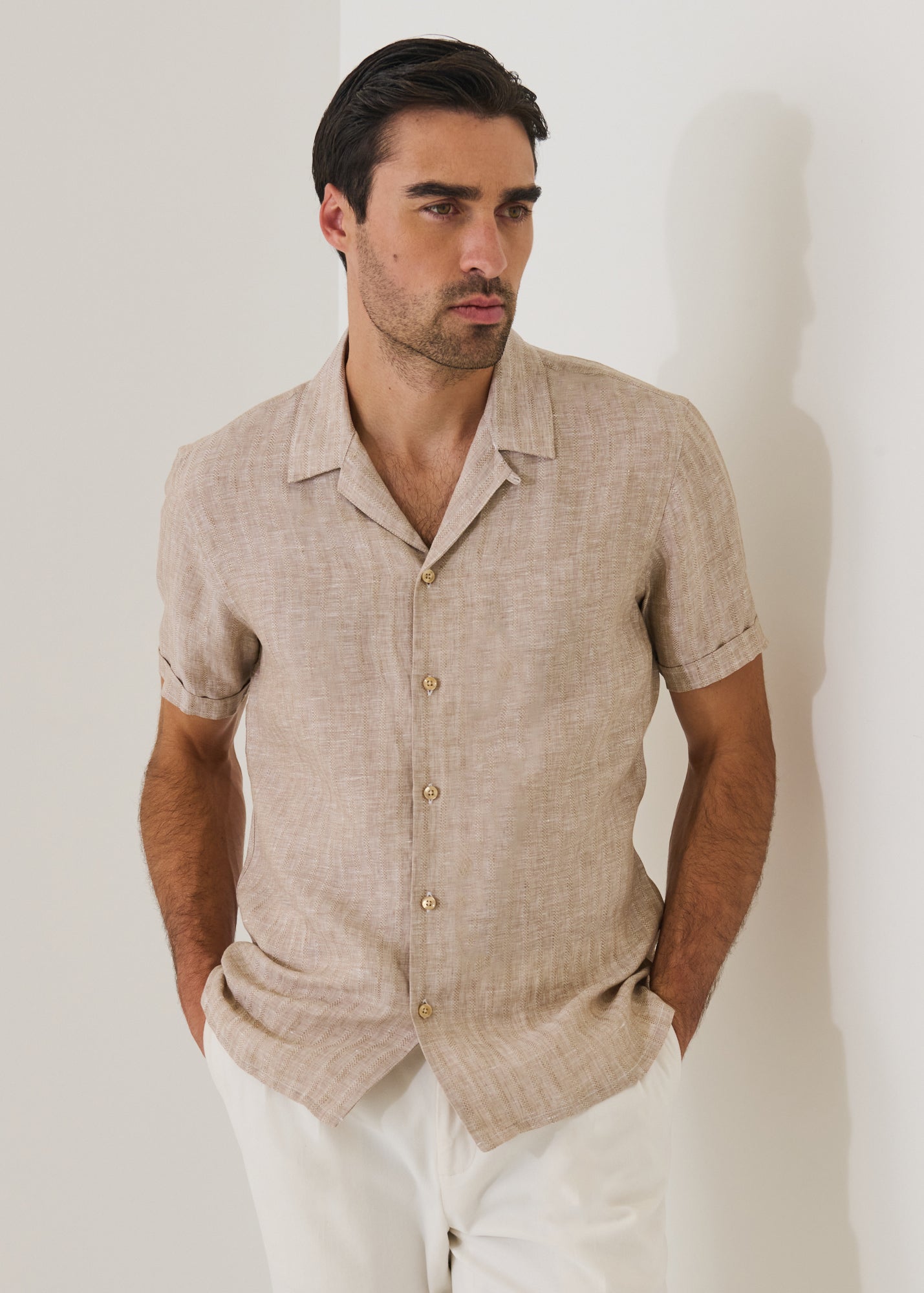 Striped Jacquard Linen Camp Collar Shirt