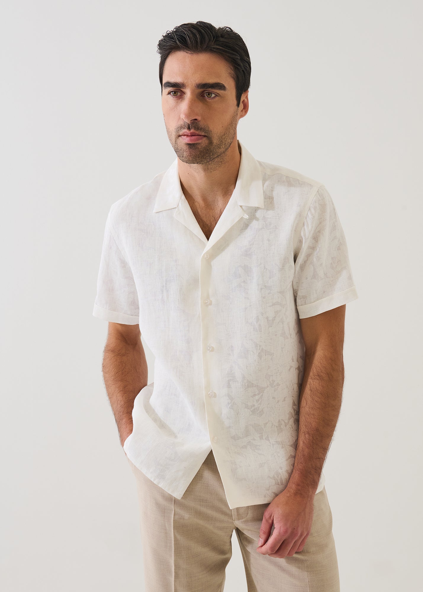 Tonal Floral Print Linen Camp Collar Shirt