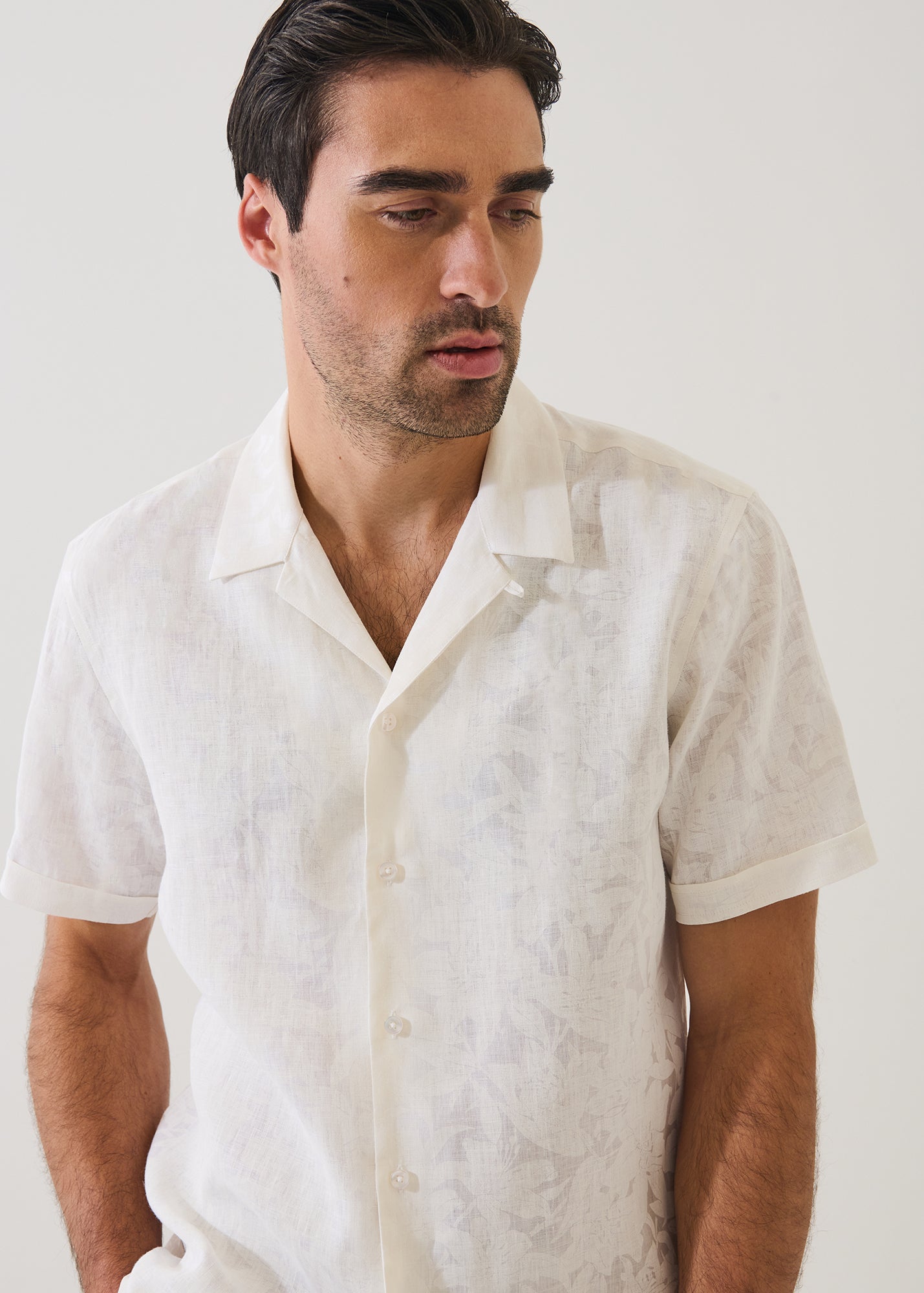 Tonal Floral Print Linen Camp Collar Shirt