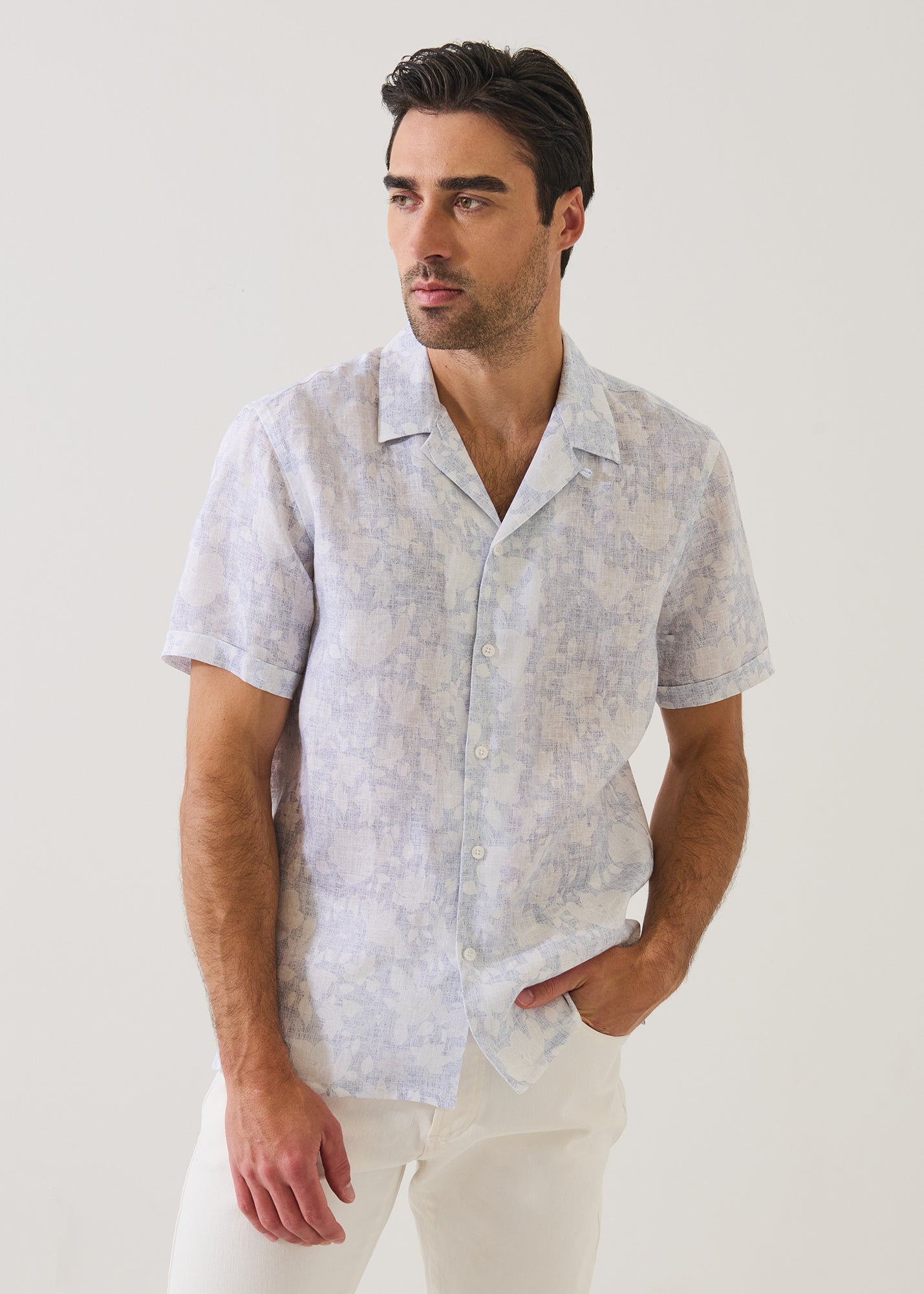 Faded Botanical Print Linen Camp Collar Shirt