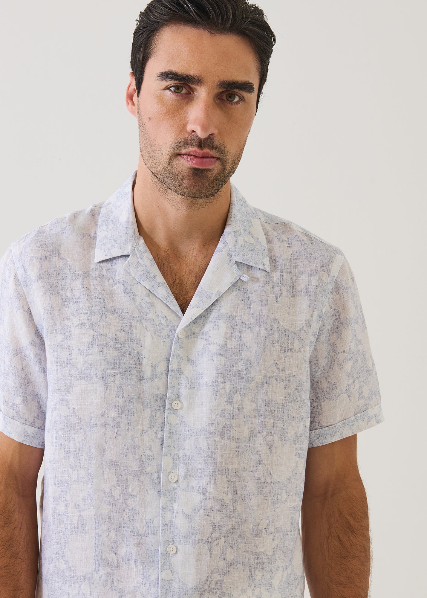 Faded Botanical Print Linen Camp Collar Shirt