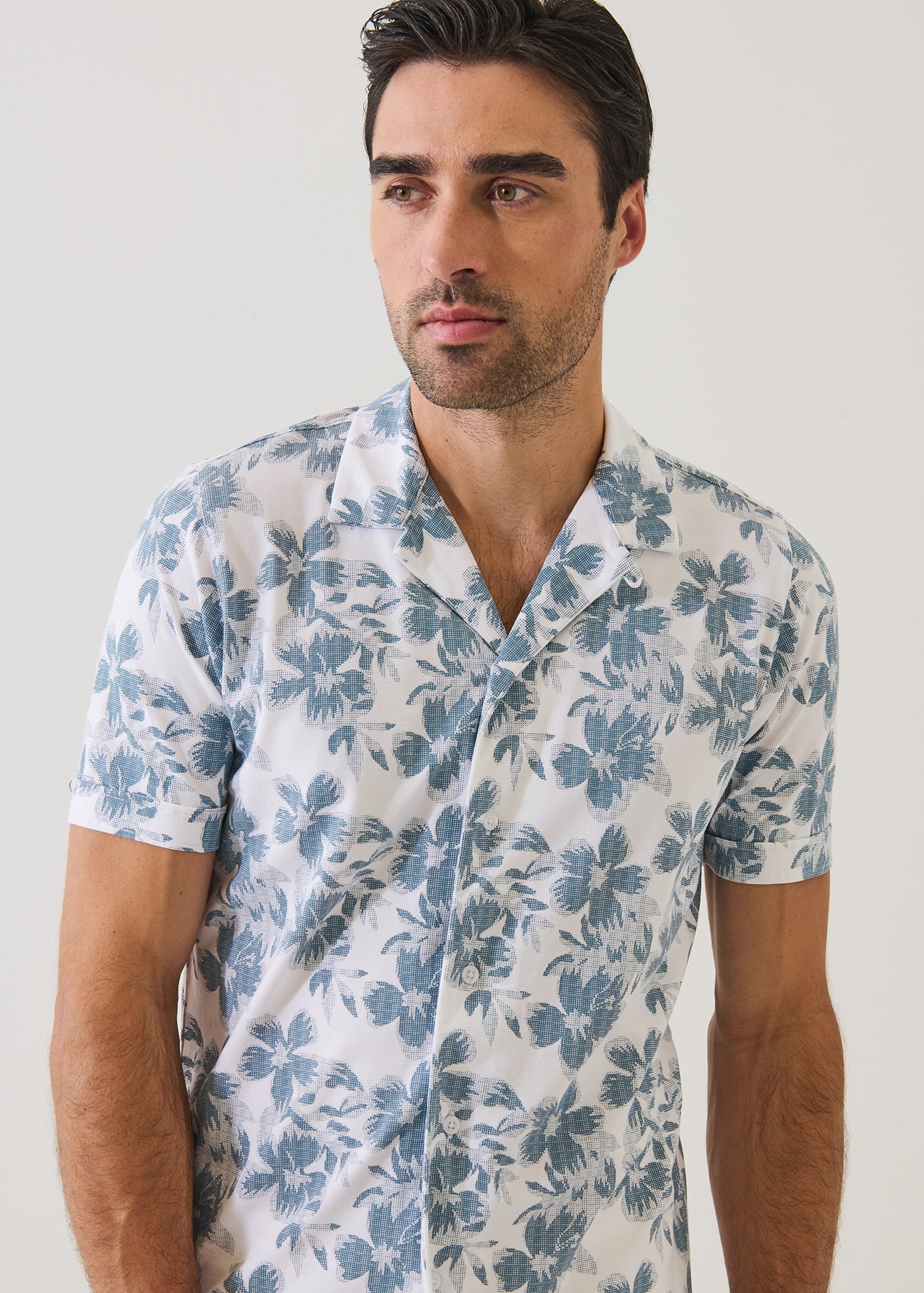 Pima Cotton Stretch Tropical Print Camp Collar Shirt