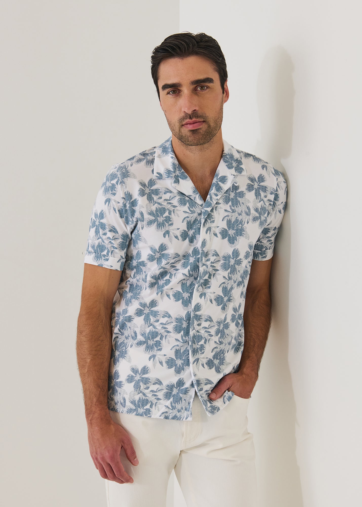 Pima Cotton Stretch Tropical Print Camp Collar Shirt
