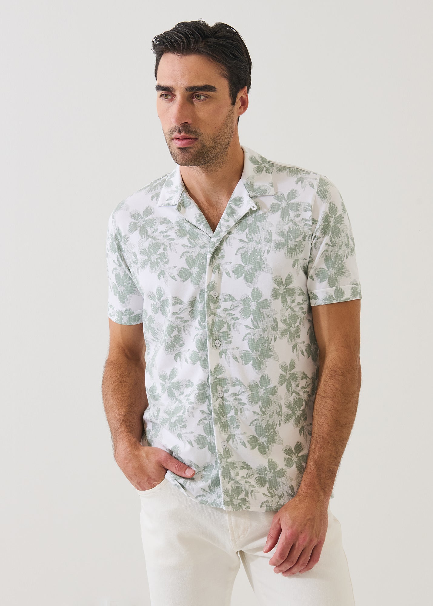 Pima Cotton Stretch Tropical Print Camp Collar Shirt