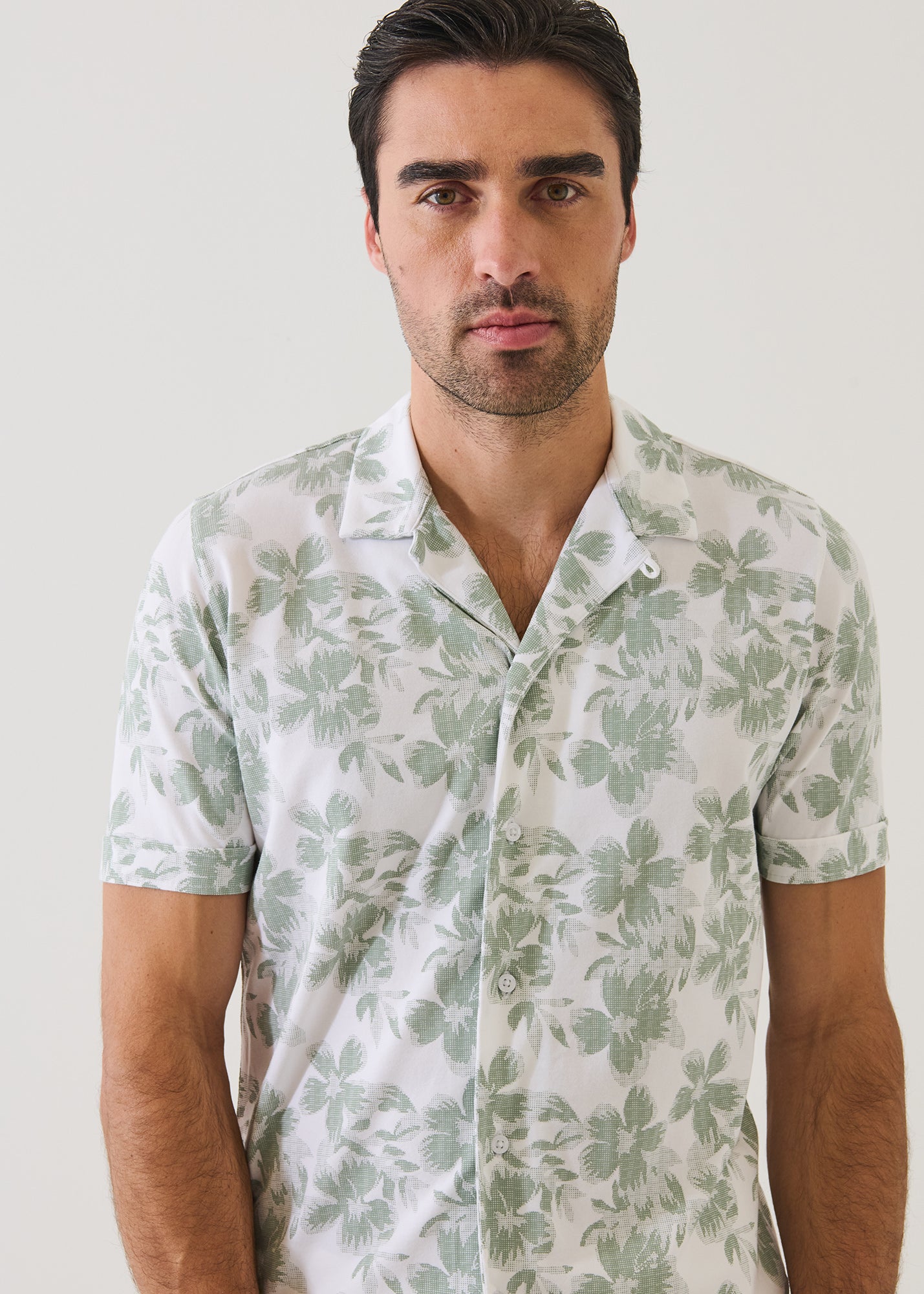 Pima Cotton Stretch Tropical Print Camp Collar Shirt