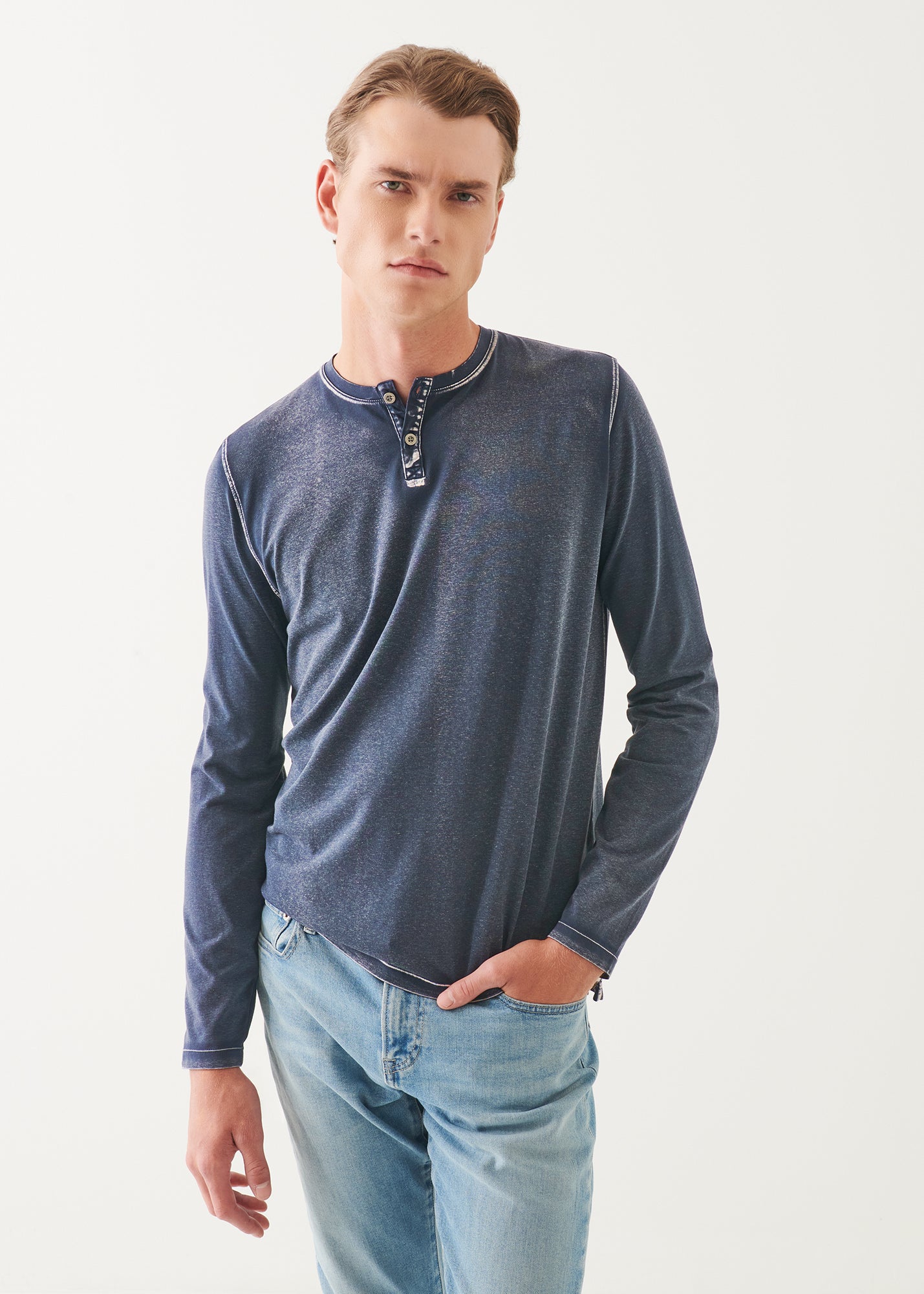 Pima Cotton Stretch Vintage Wash Henley - PATRICK ASSARAF