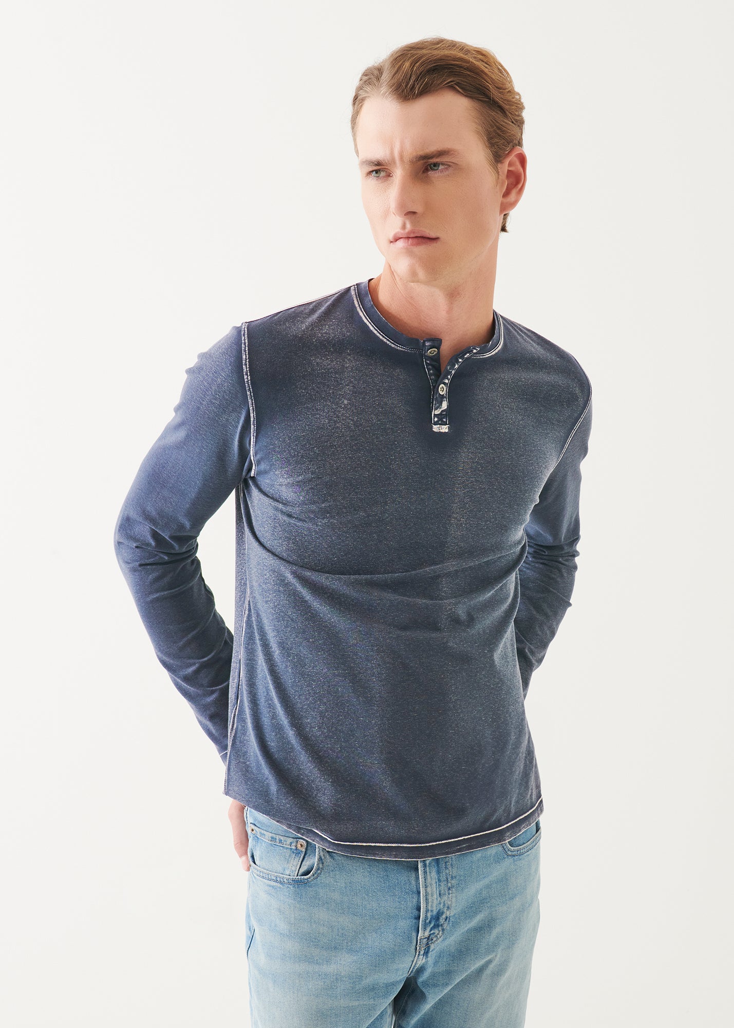 Pima Cotton Stretch Vintage Wash Henley - PATRICK ASSARAF
