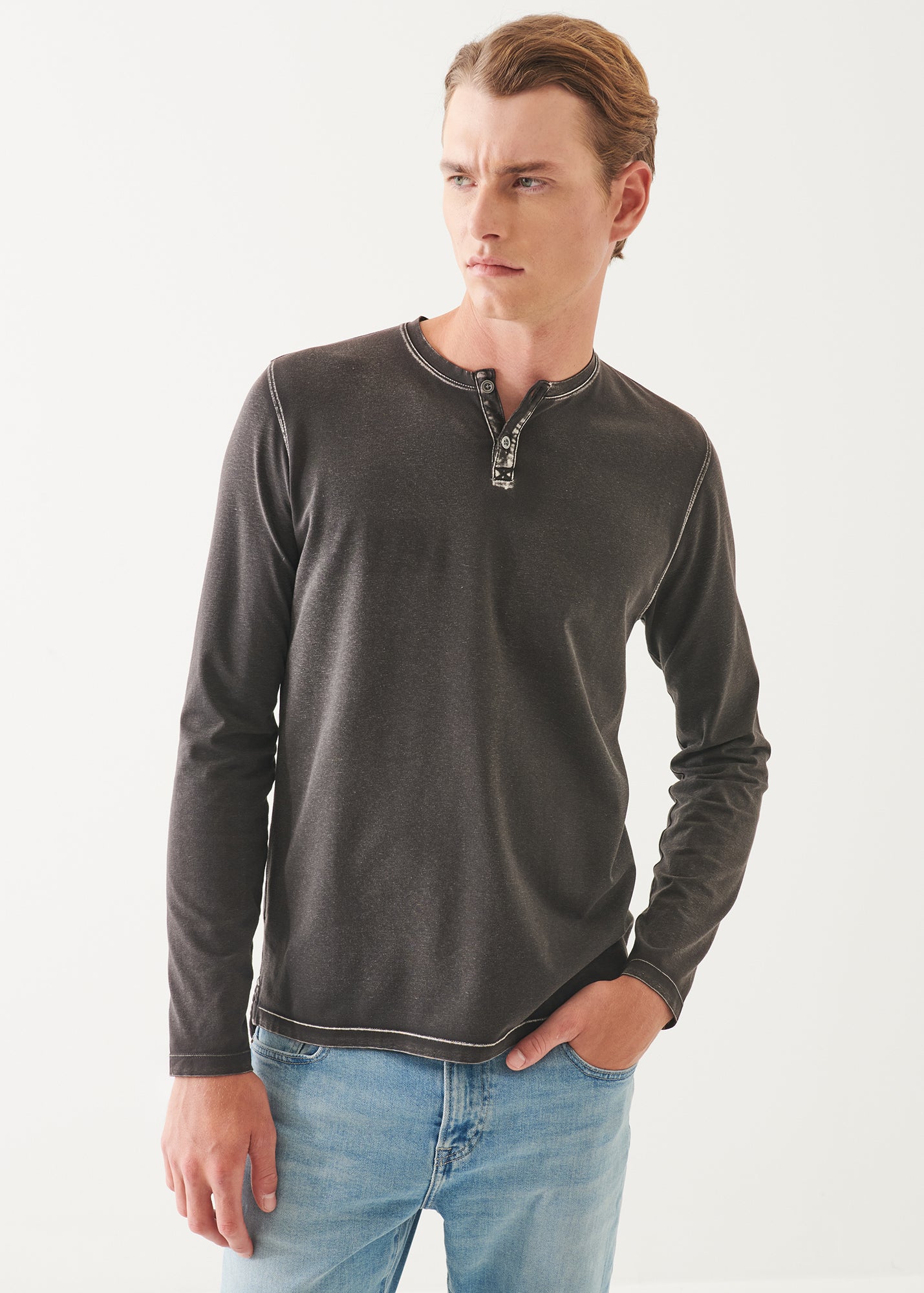 Pima Cotton Stretch Vintage Wash Henley - PATRICK ASSARAF