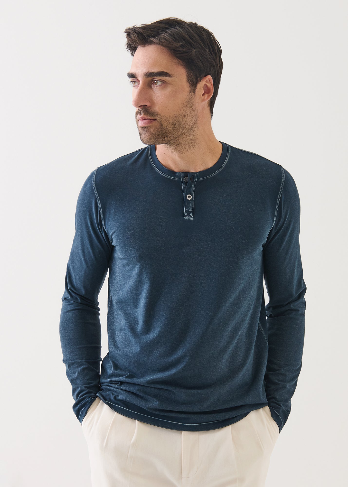 Pima Cotton Stretch Vintage Wash Henley - PATRICK ASSARAF