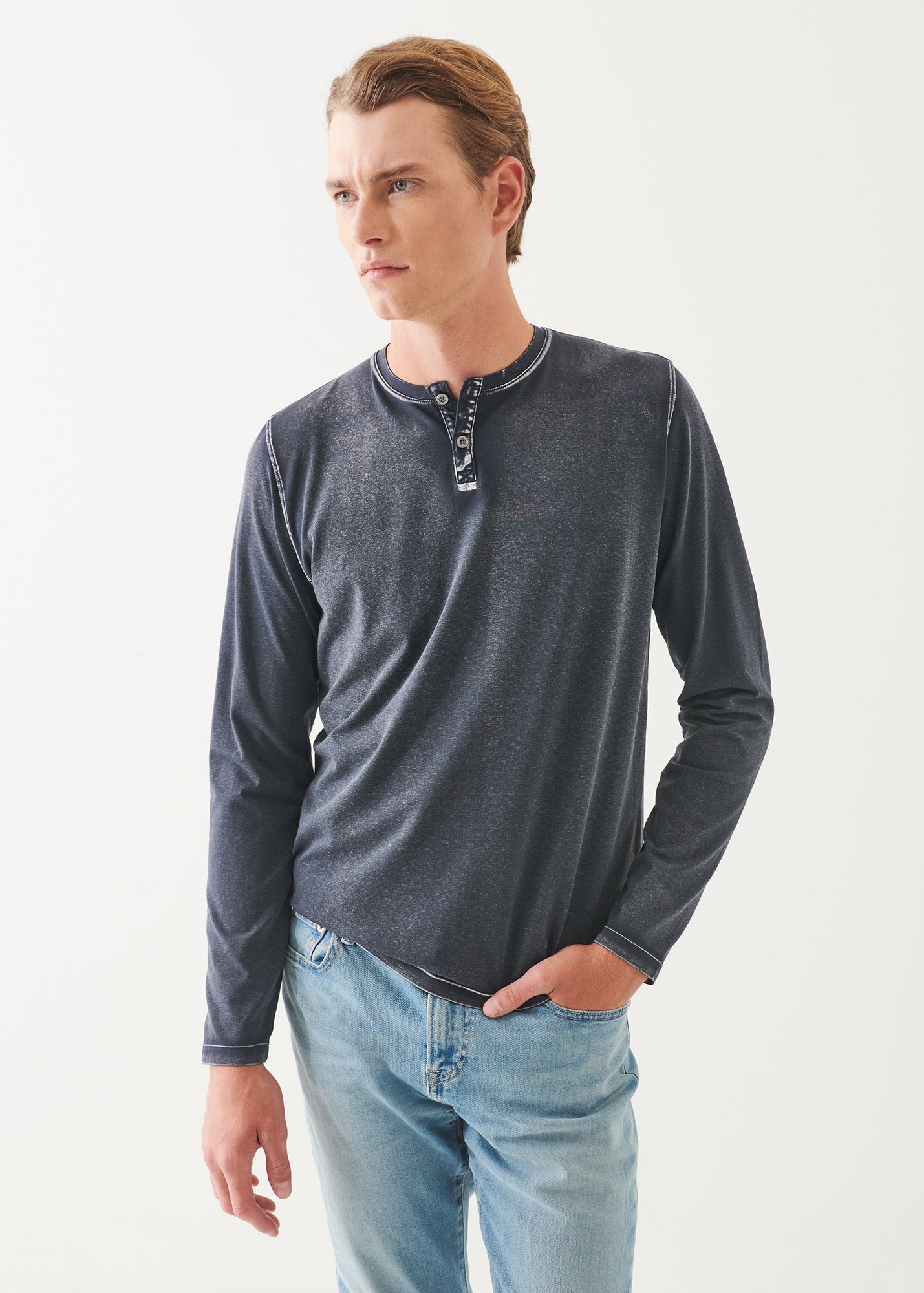 Pima Cotton Stretch Vintage Wash Henley - PATRICK ASSARAF
