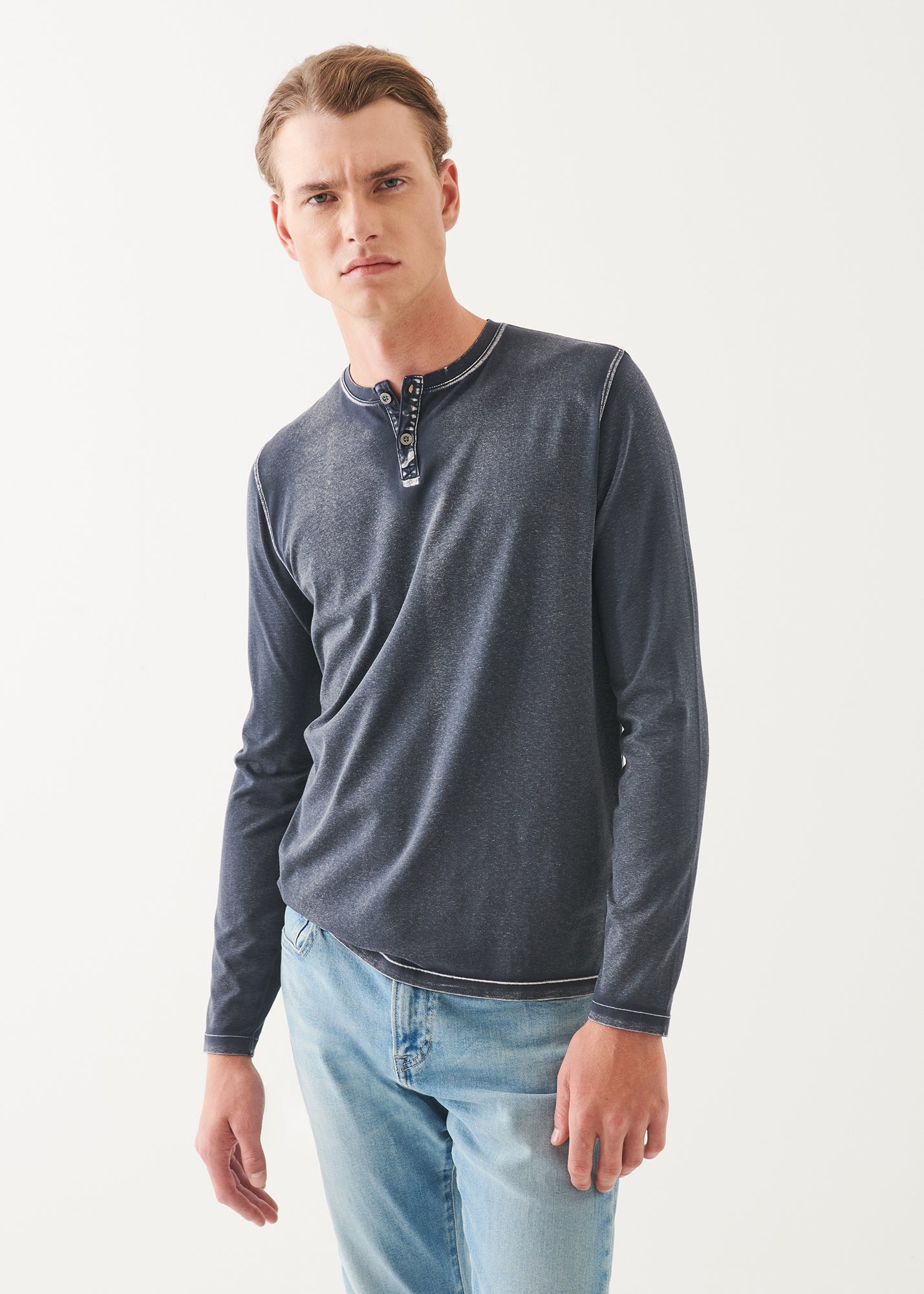 Pima Cotton Stretch Vintage Wash Henley - PATRICK ASSARAF